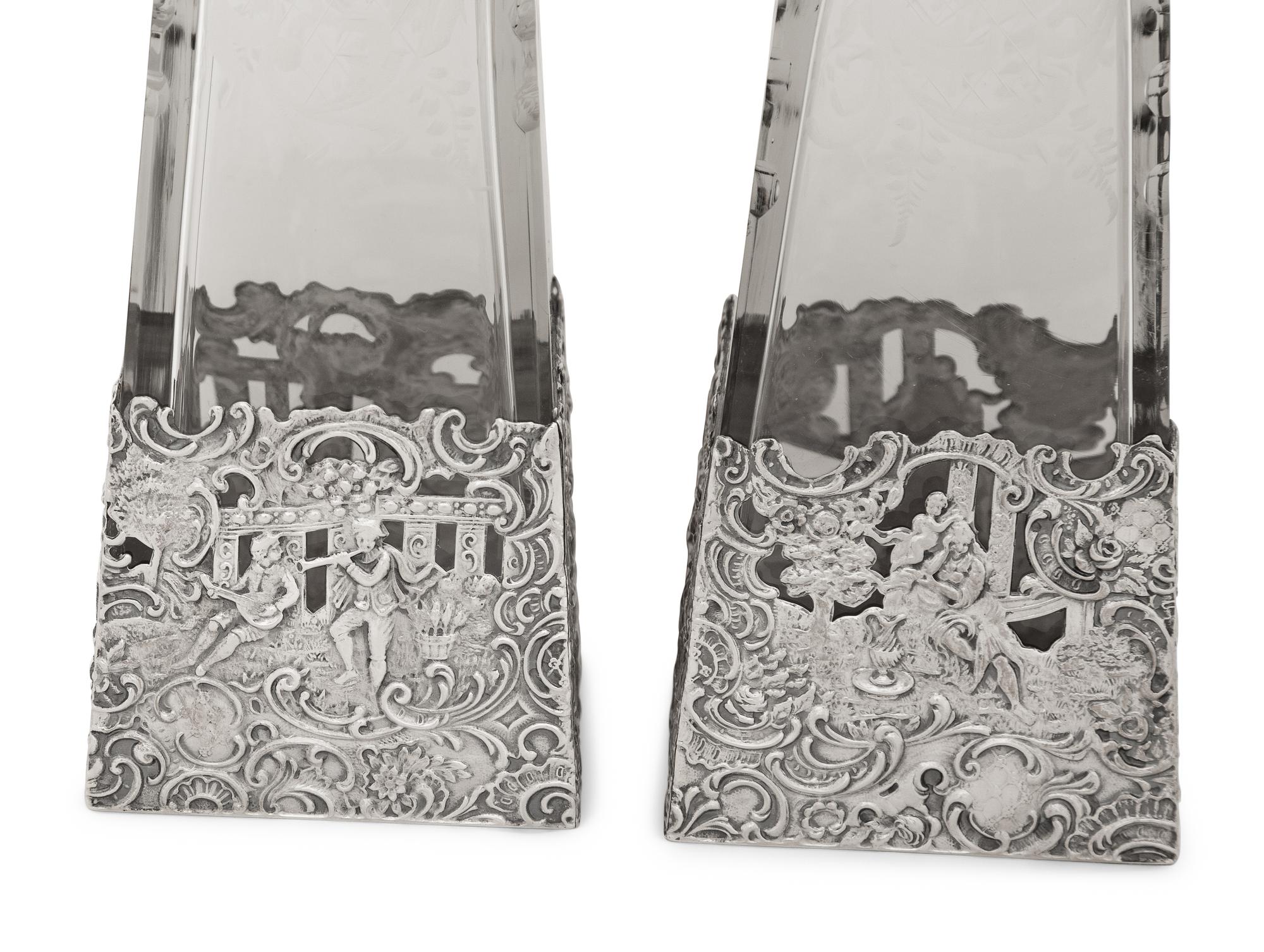 A Pair of American Silver Mounted Etched Glass Decanters