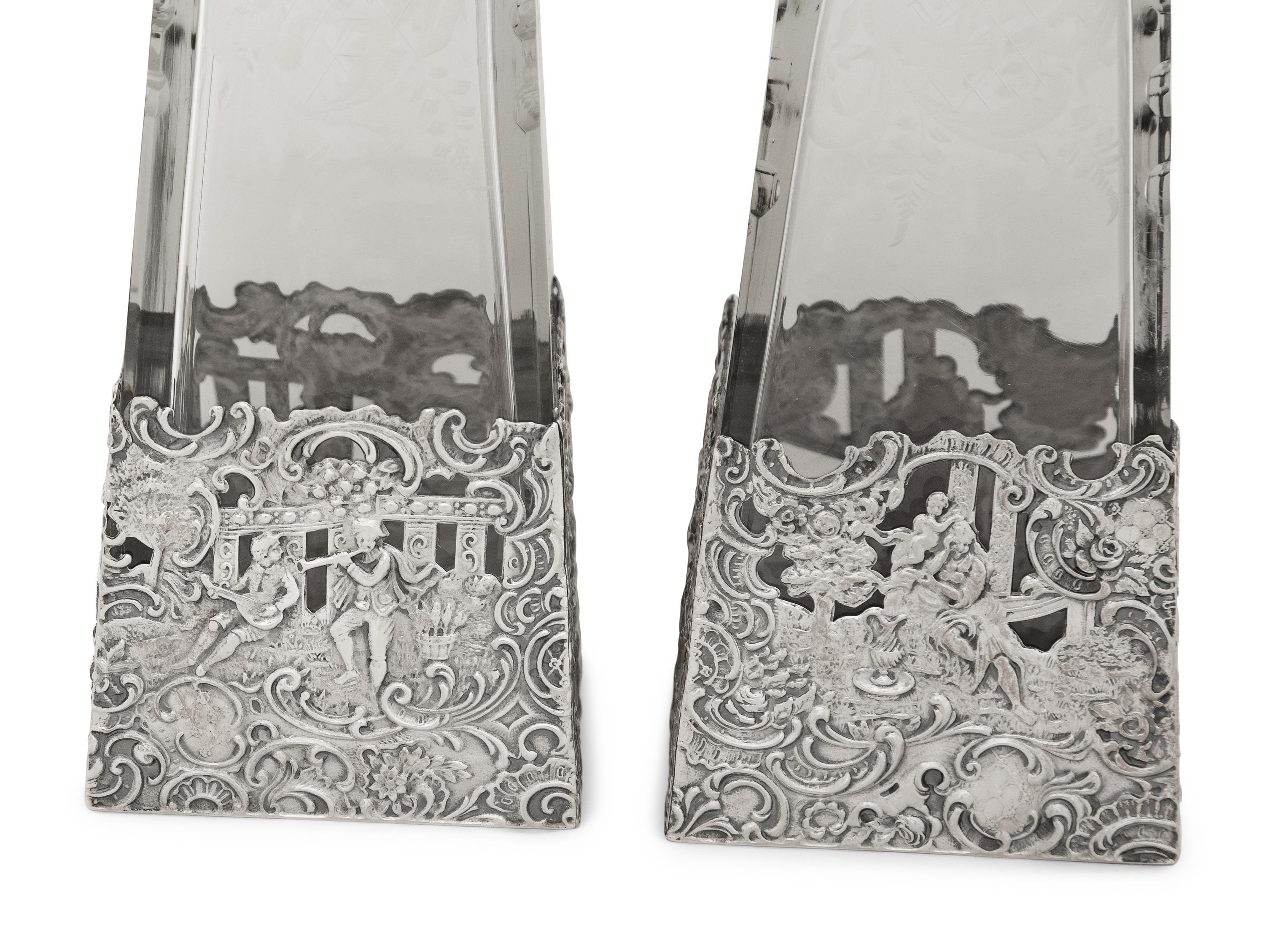 A Pair of American Silver Mounted Etched Glass Decanters