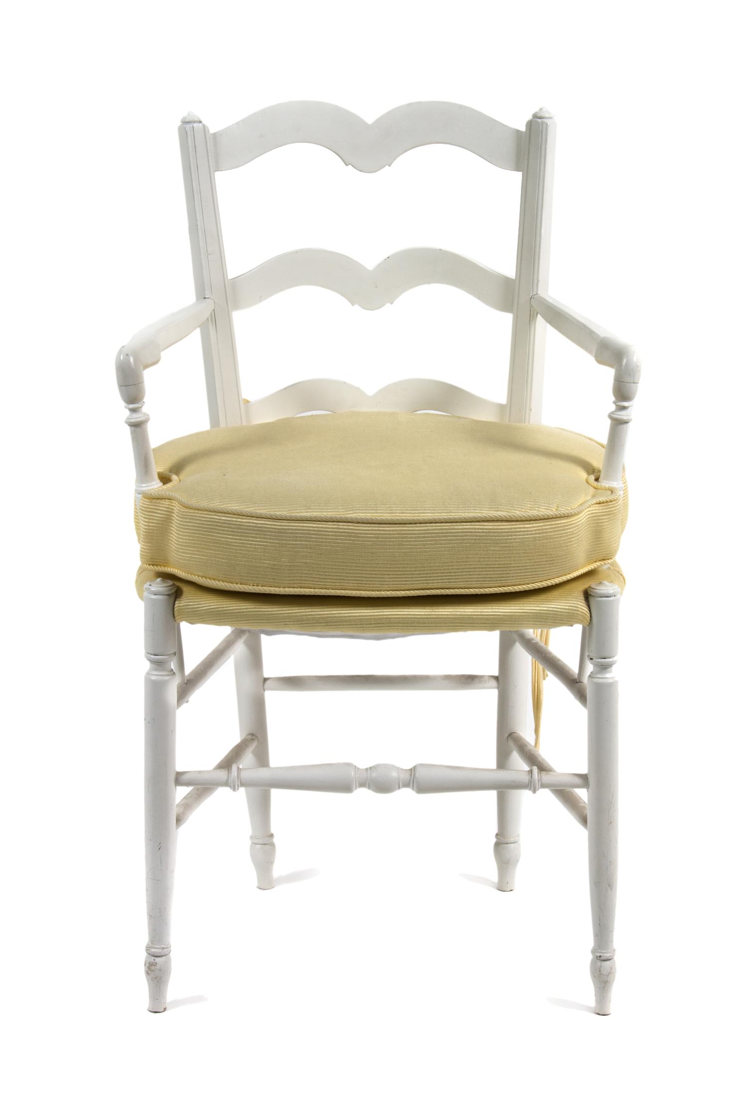 A White Painted Open Armchair Height 23 x width 17 x depth 37 inches.