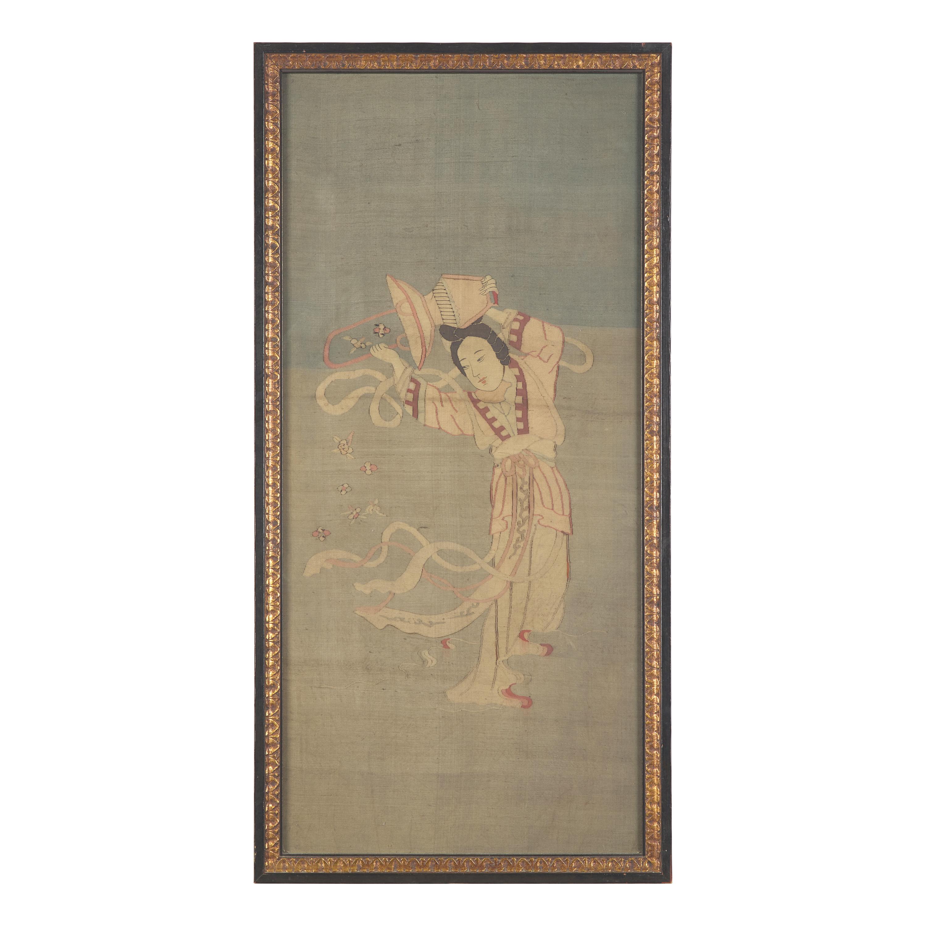 A Chinese Kesi Tapestry Panel of a Female Immortal Scattering a Basket of Flowers, Late Qing Dynasty 清晚期 緙絲天女散花挂屏