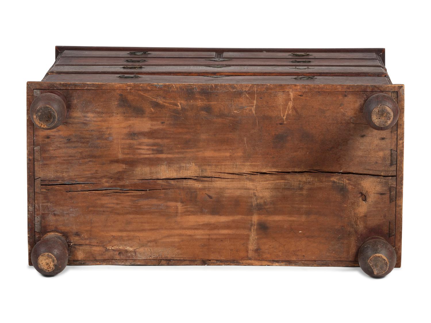A Rare William and Mary Brown Painted Poplar, Cherrywood, and Pine Two-Drawer Blanket Chest