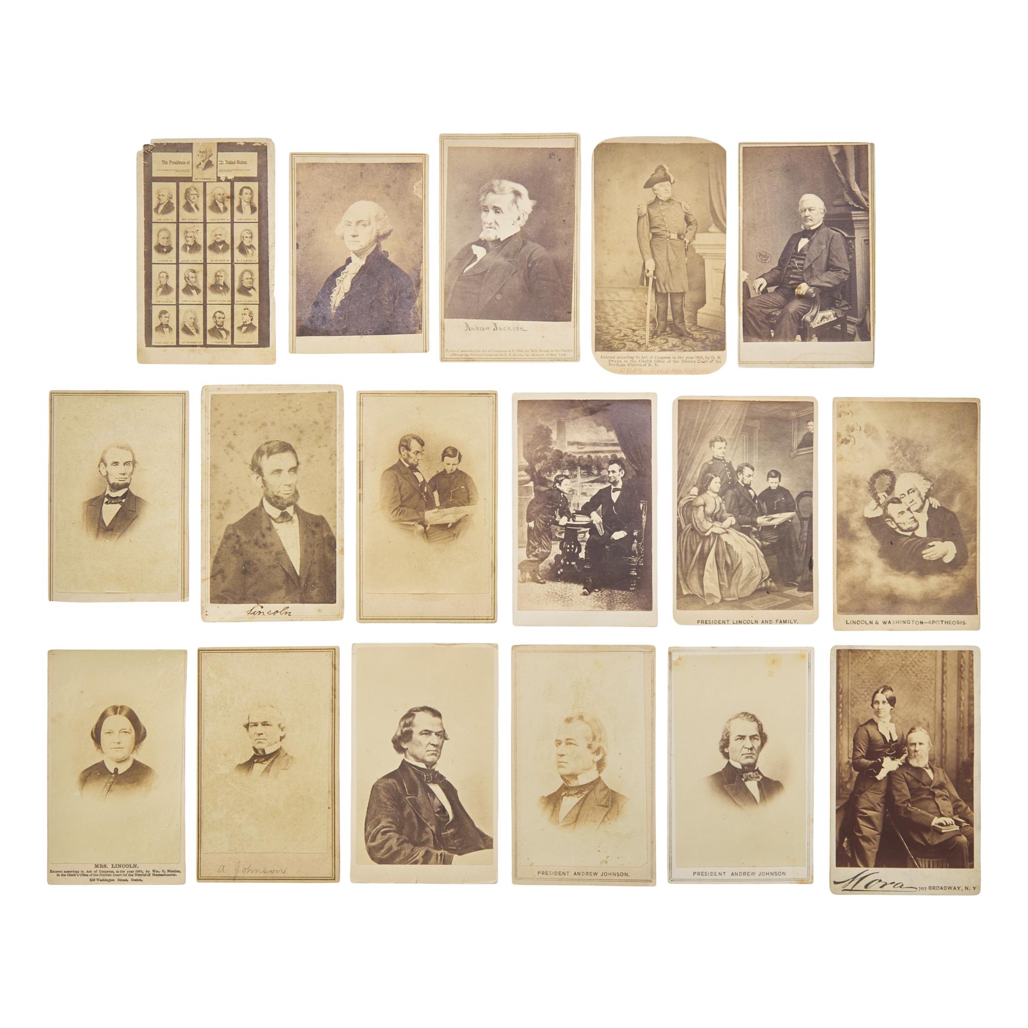 [Early Photography-Politics] Group of 17 CDVs of Founding Fathers and presidents, with related prints