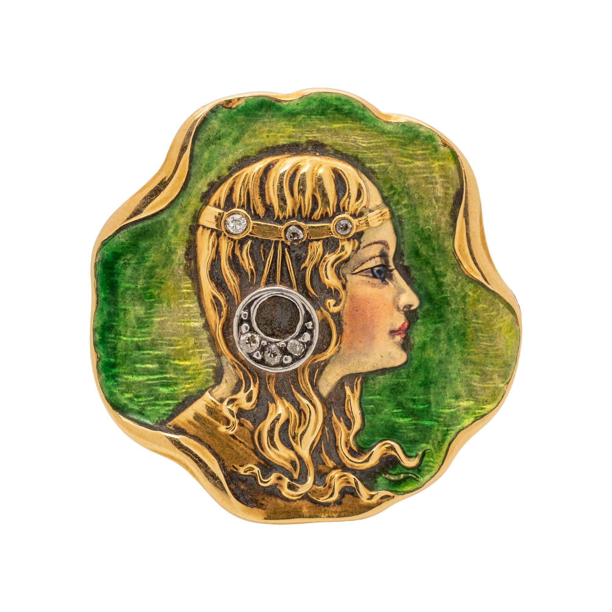 ART NOUVEAU, YELLOW GOLD AND ENAMEL BROOCH