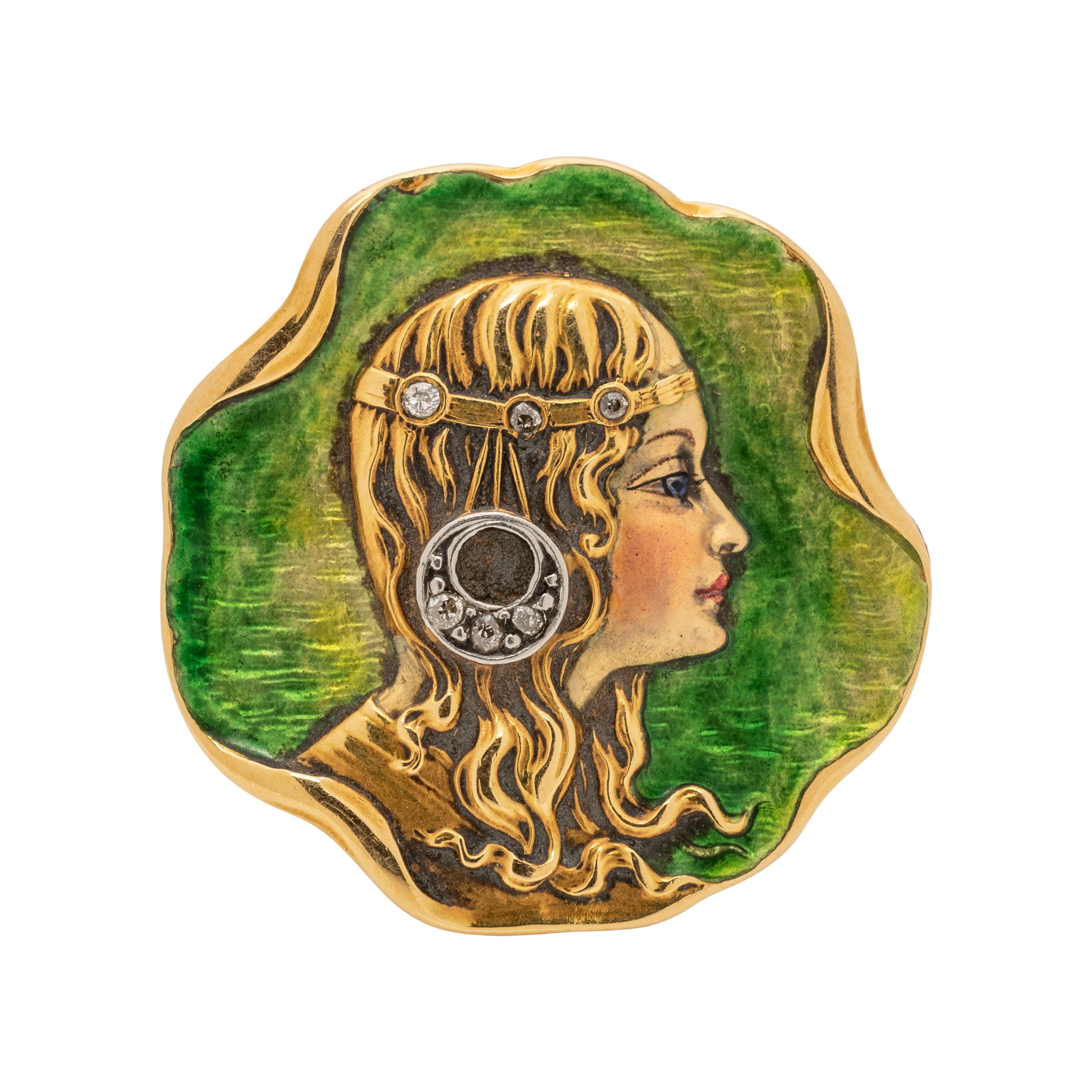 ART NOUVEAU, YELLOW GOLD AND ENAMEL BROOCH