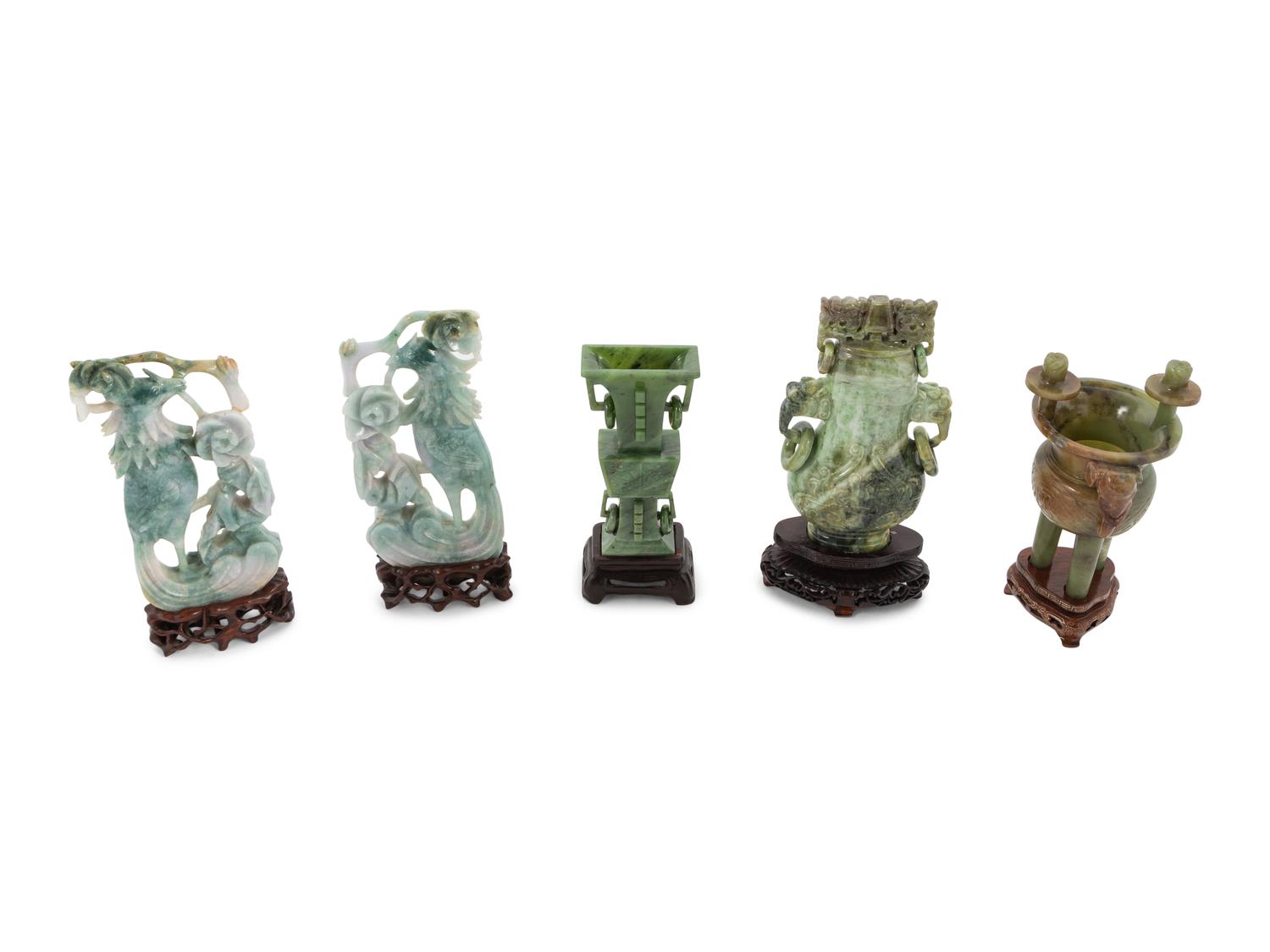 Five Chinese Spinach Jade and Hardstone Vessels