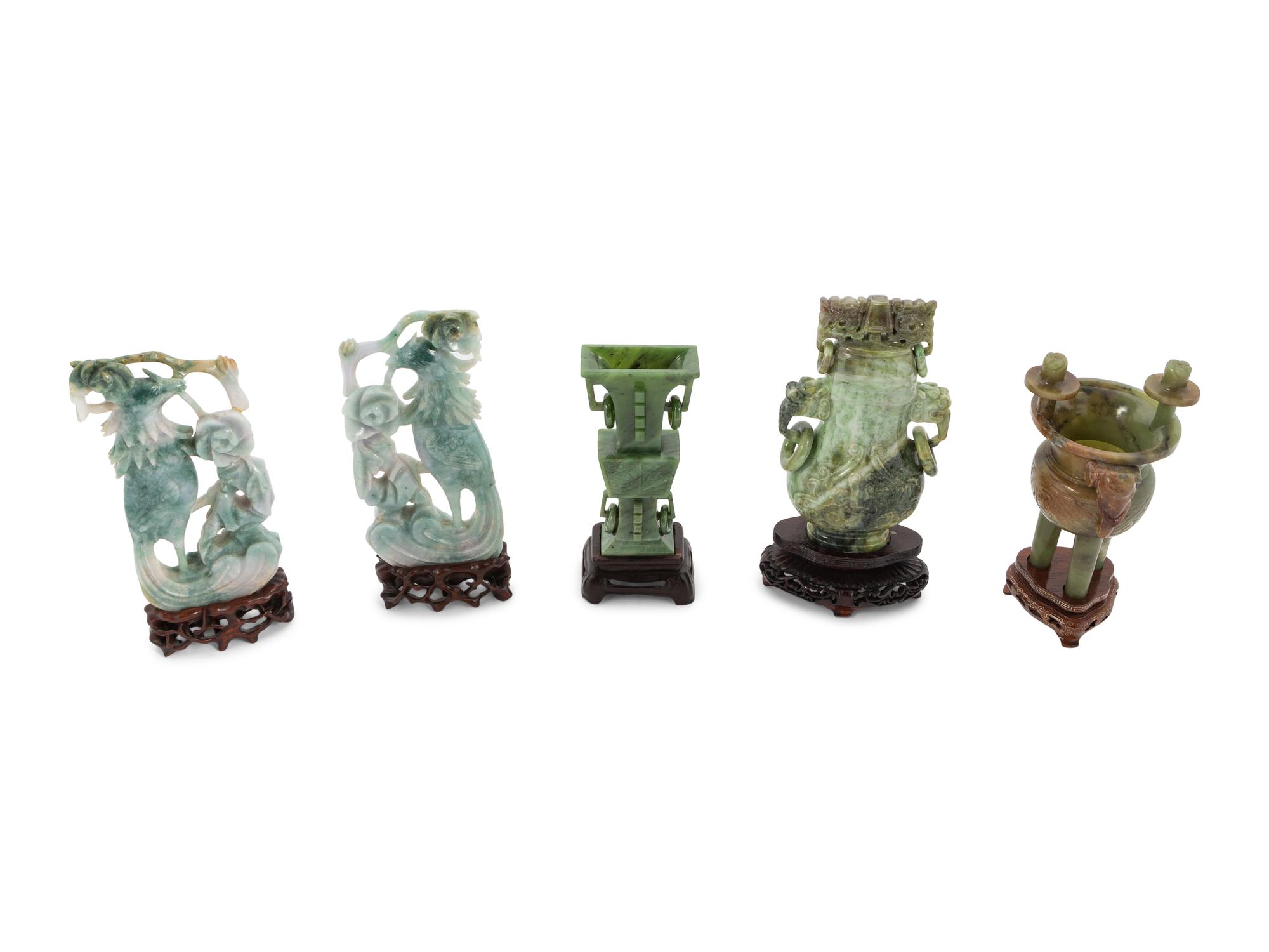Five Chinese Spinach Jade and Hardstone Vessels