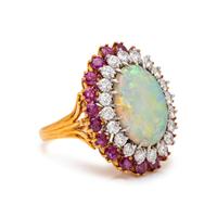 OPAL, DIAMOND AND RUBY RING