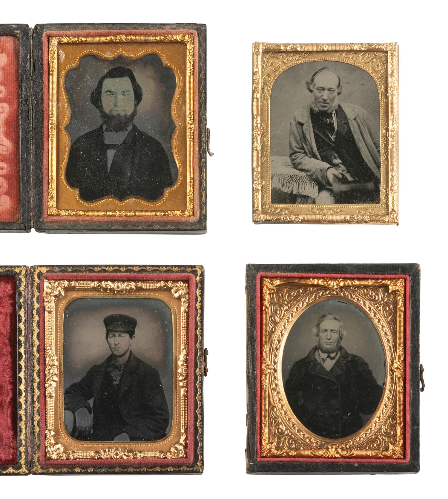 [EARLY PHOTOGRAPHY]. 21 assorted cased images of men with hats and interesting hairstyles.