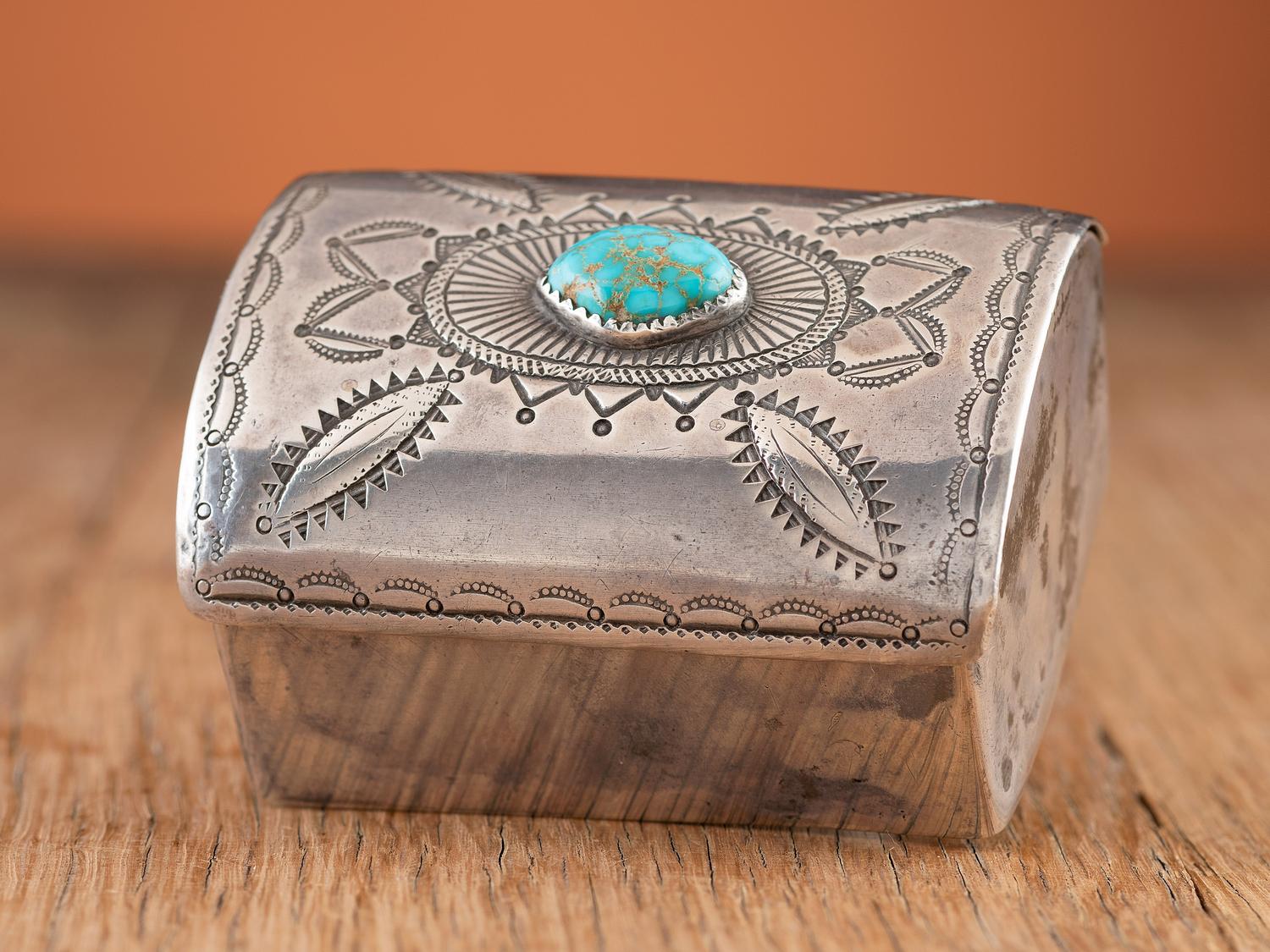 Navajo Stamped Silver and Turquoise Box, Crafted from a Repurposed Ketoh