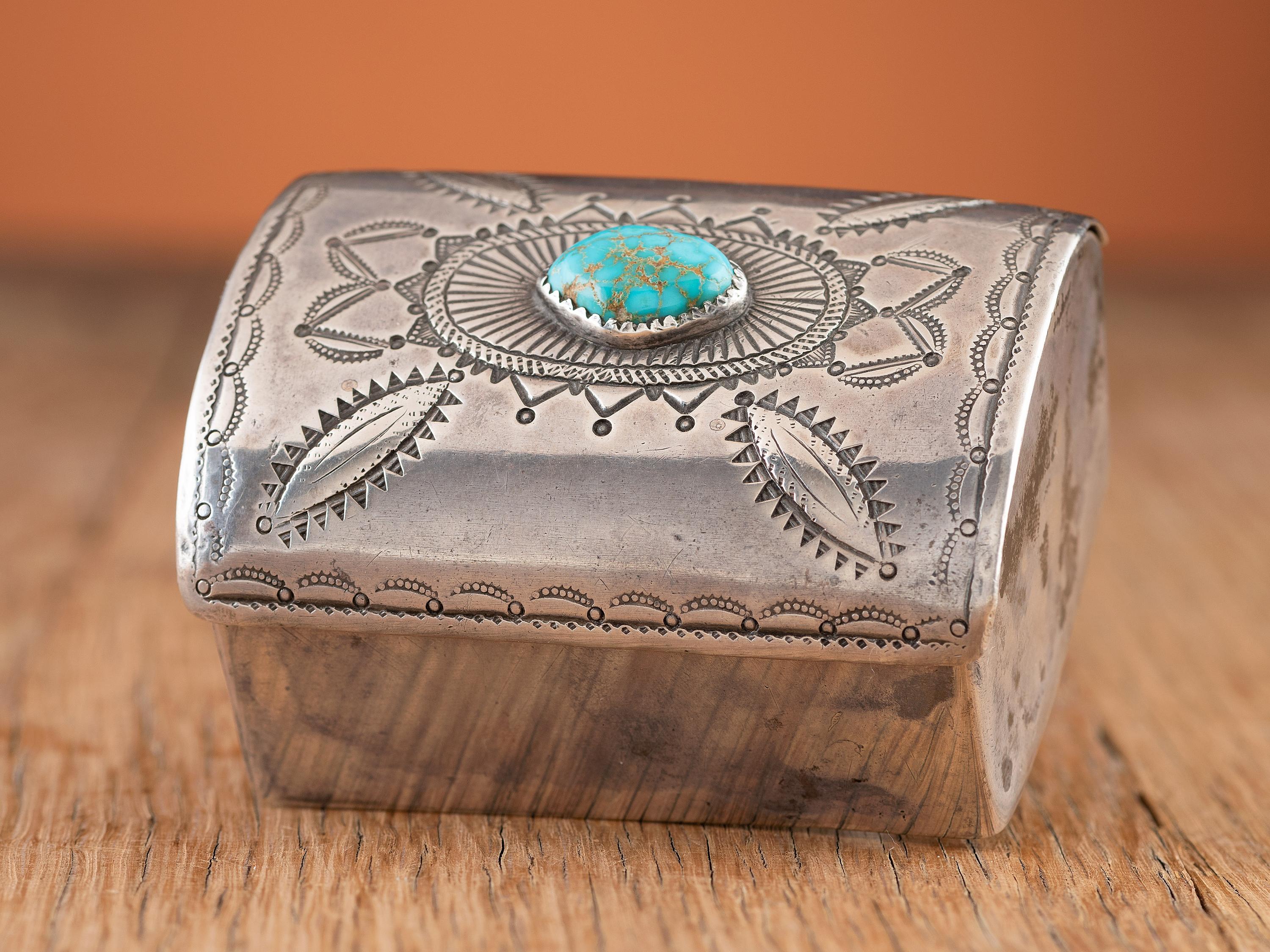 Navajo Stamped Silver and Turquoise Box, Crafted from a Repurposed Ketoh