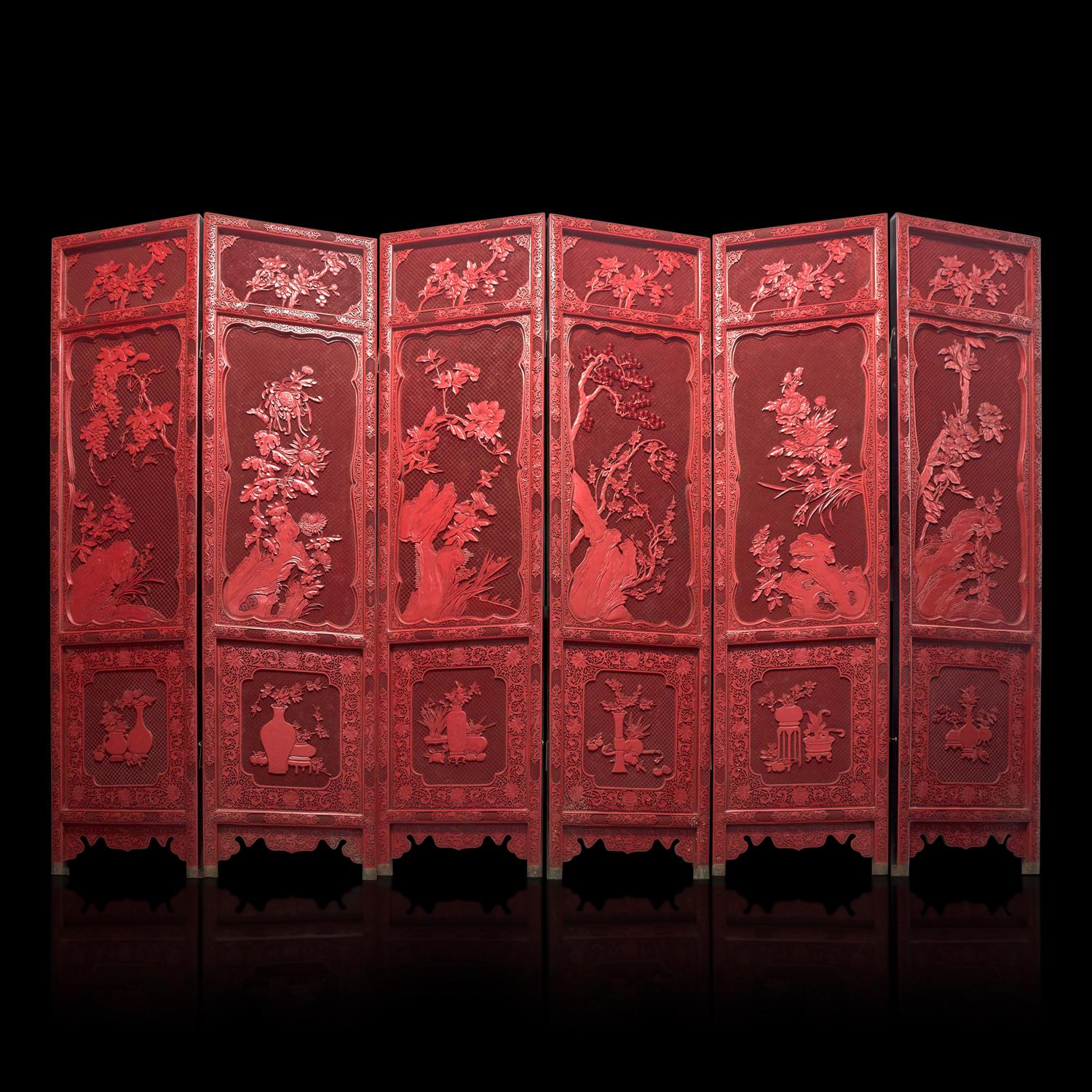 A Chinese Carved Cinnabar Lacquer Six-Panel Floor Screen, 20th Century 近代 剔紅花卉圖六扇屏