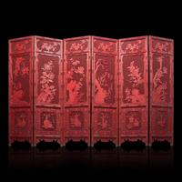 A Chinese Carved Cinnabar Lacquer Six-Panel Floor Screen, 20th Century 近代 剔紅花卉圖六扇屏