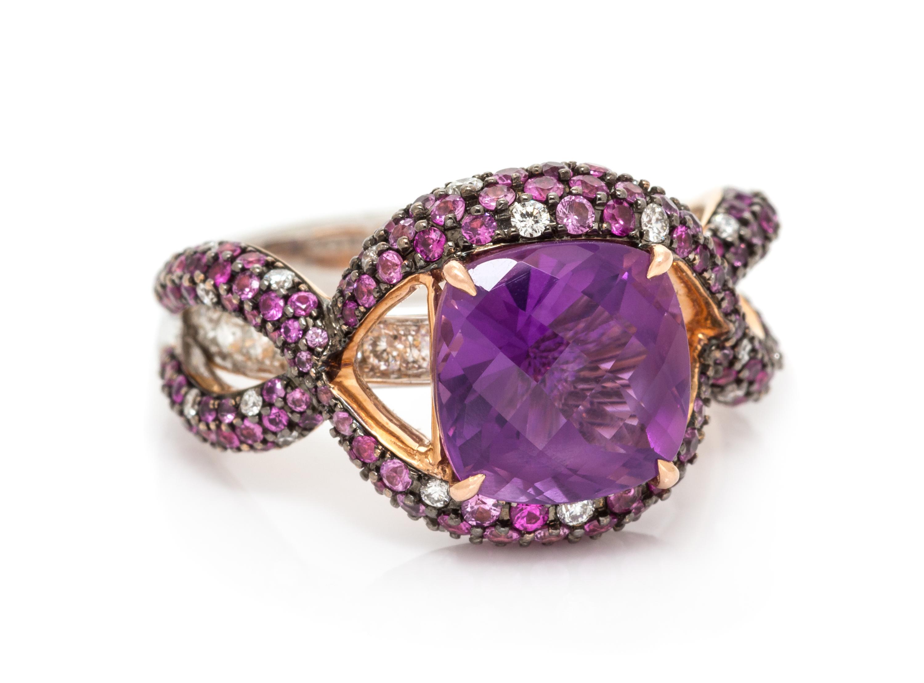An 18 Karat Bicolor Gold, Amethyst, Diamond and Pink Sapphire Ring, 6.45 dwts.