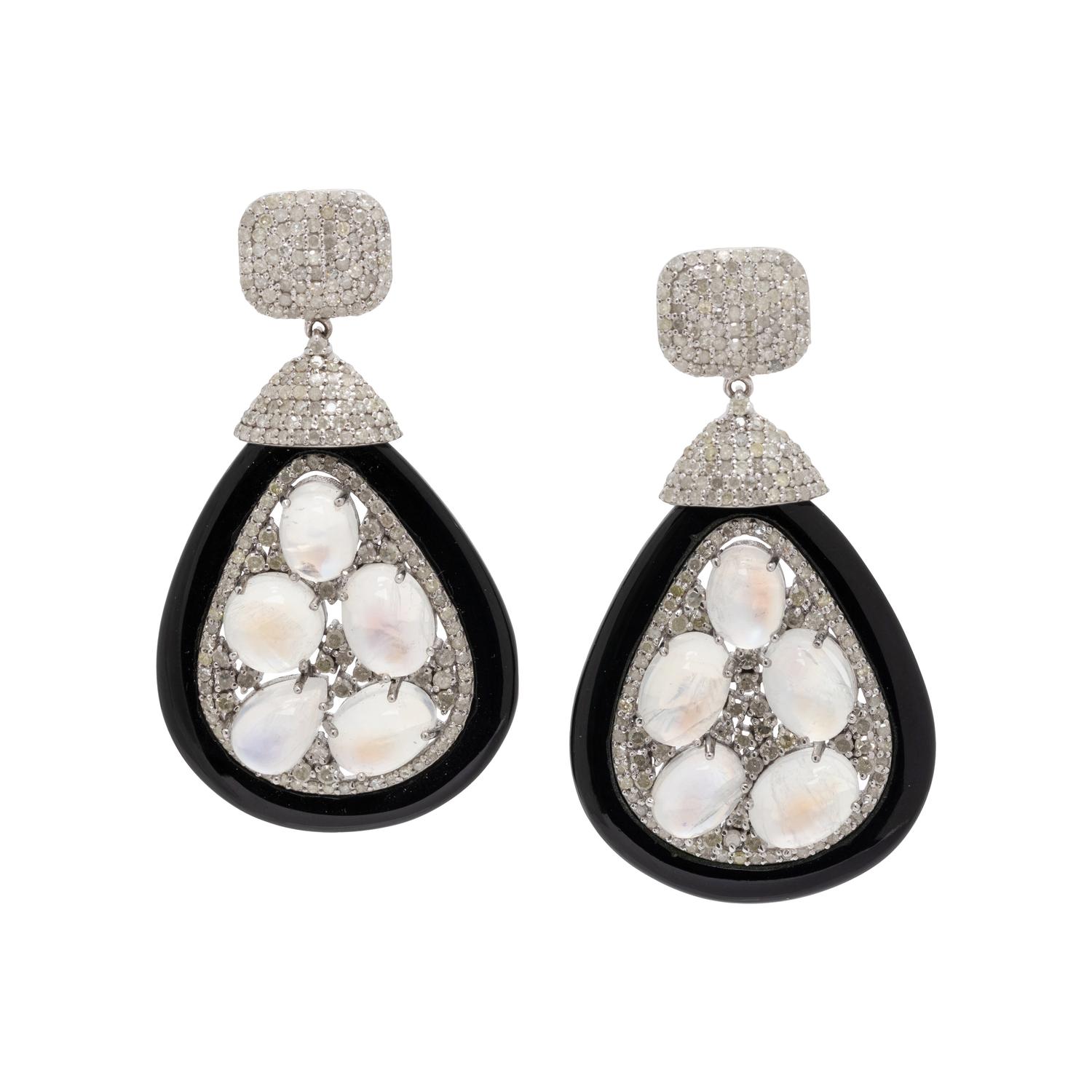 MOONSTONE, BLACK ONYX, AND DIAMOND EARRINGS