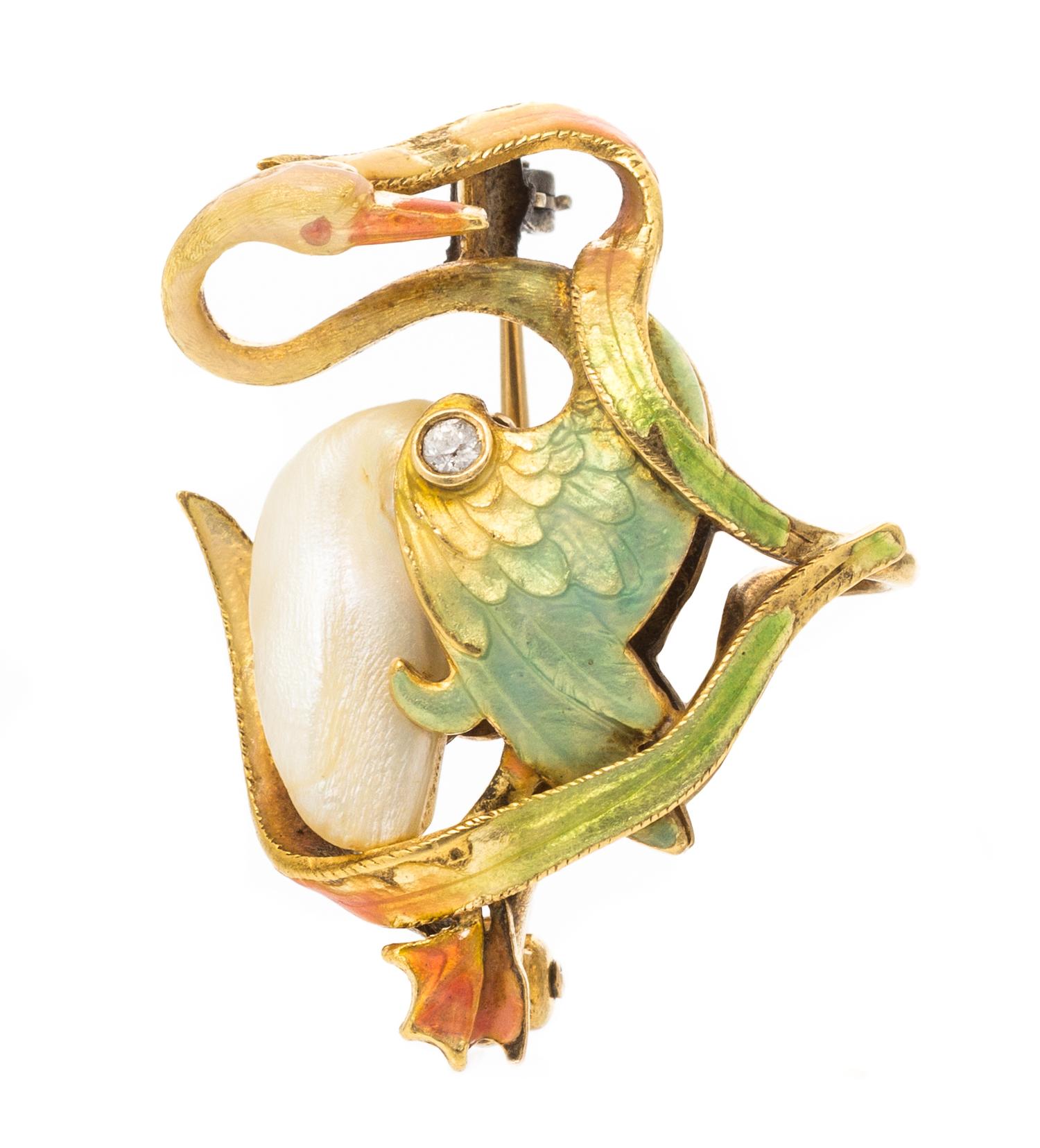 An Art Nouveau Yellow Gold, Pearl, Diamond and Polychrome Enamel Swan Brooch, 4.20 dwts.