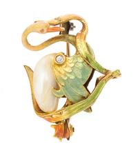 An Art Nouveau Yellow Gold, Pearl, Diamond and Polychrome Enamel Swan Brooch, 4.20 dwts.