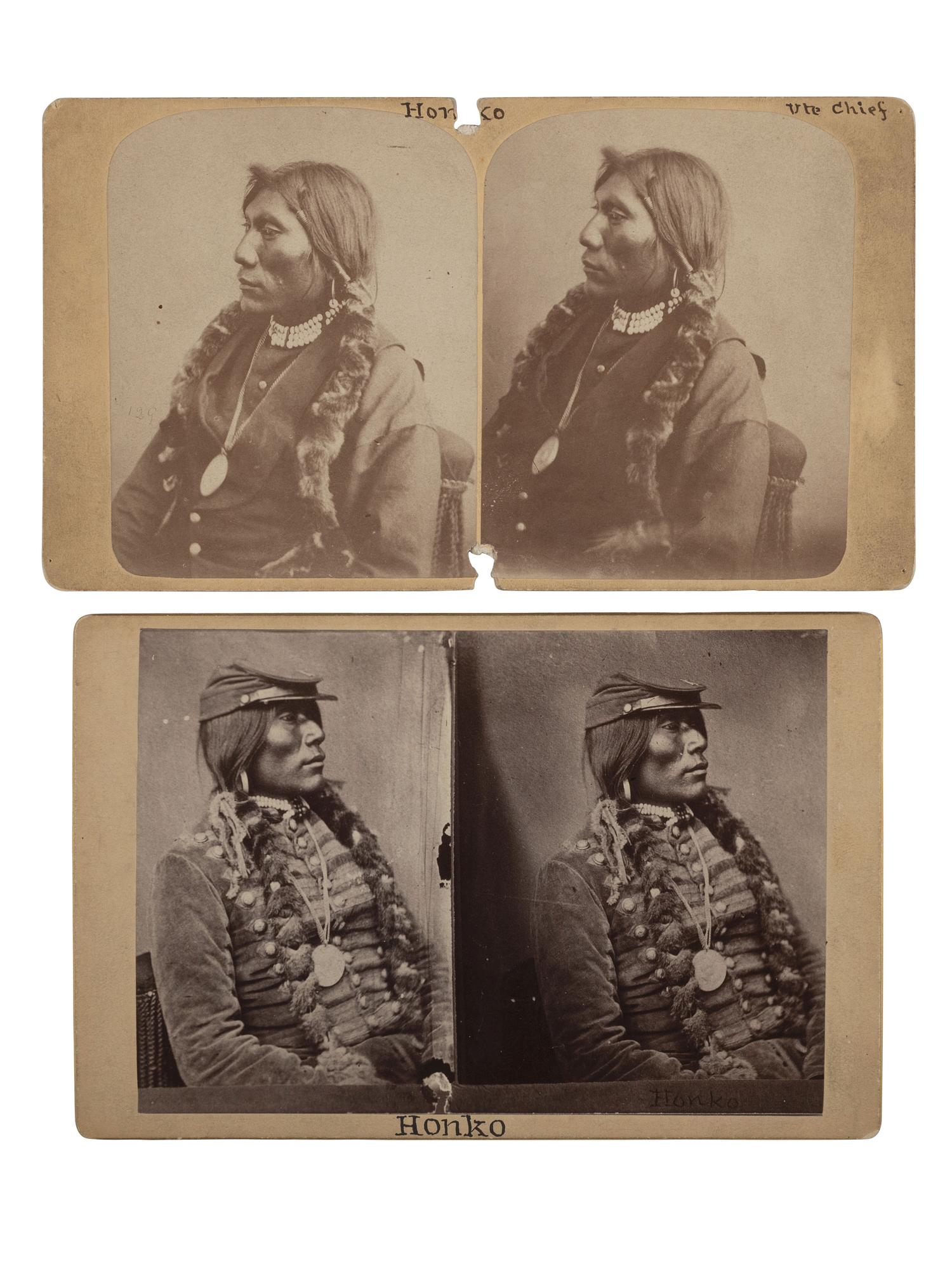 [NATIVE AMERICANS]. Two stereoviews of Ute Chief Honkapkna, or “Honko” wearing the Lincoln peace medal that purportedly saved his life.