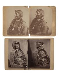 [NATIVE AMERICANS]. Two stereoviews of Ute Chief Honkapkna, or “Honko” wearing the Lincoln peace medal that purportedly saved his life.