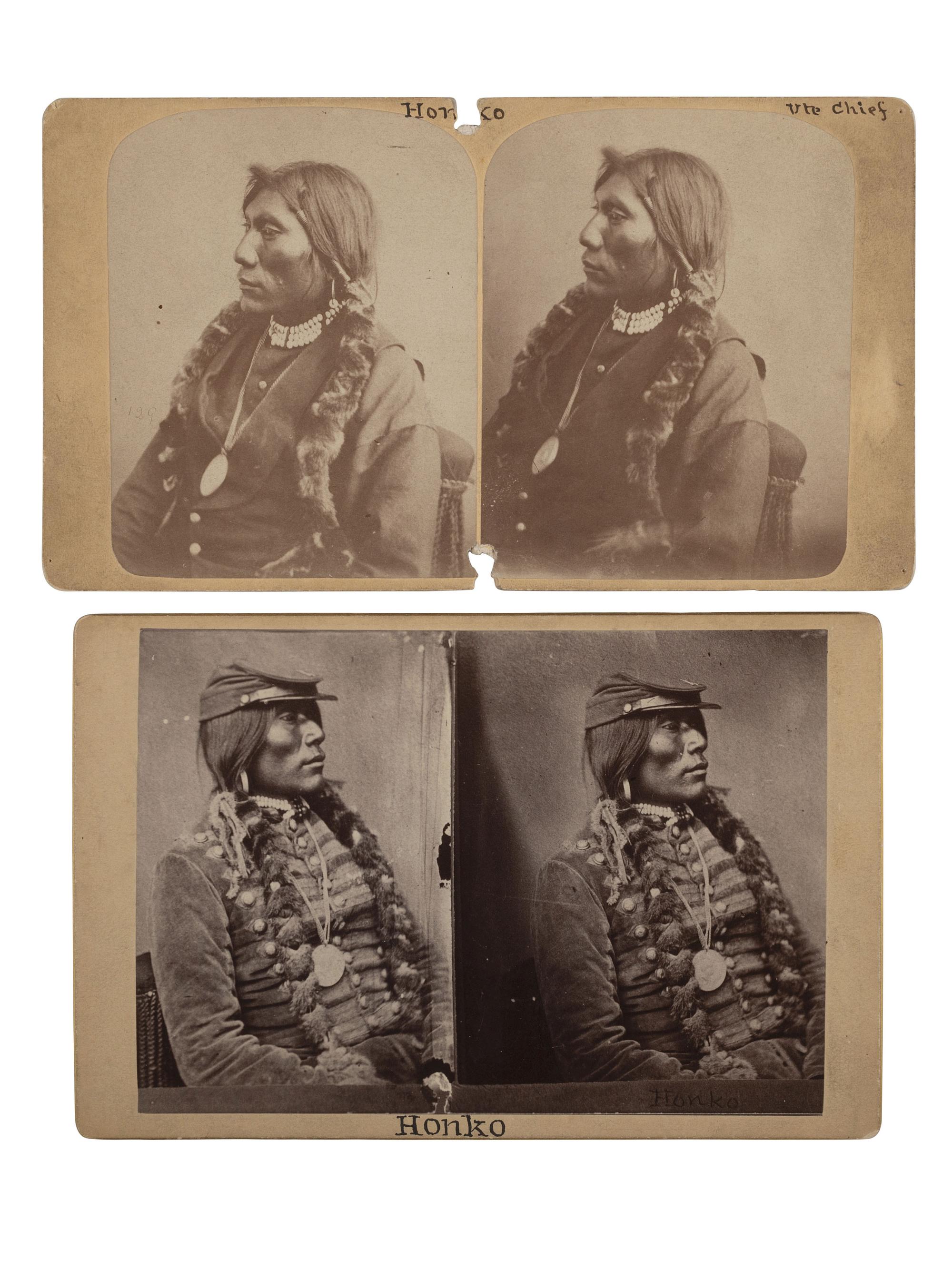 [NATIVE AMERICANS]. Two stereoviews of Ute Chief Honkapkna, or “Honko” wearing the Lincoln peace medal that purportedly saved his life.