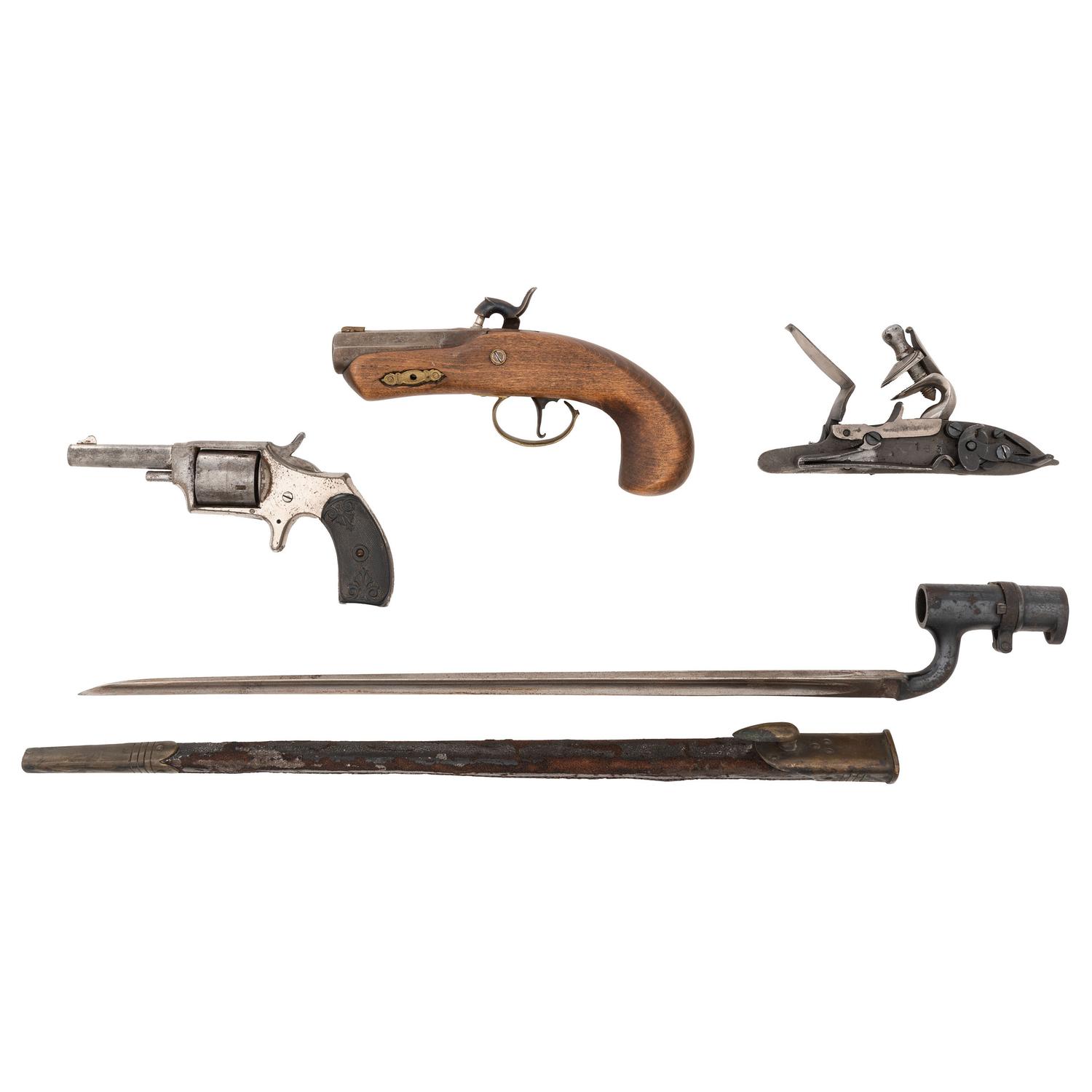 Collectors Lot of 4: English Bayonet, Dictator Revolver, Reproduction Derringer & Flint Lock