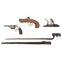 Collectors Lot of 4: English Bayonet, Dictator Revolver, Reproduction Derringer & Flint Lock