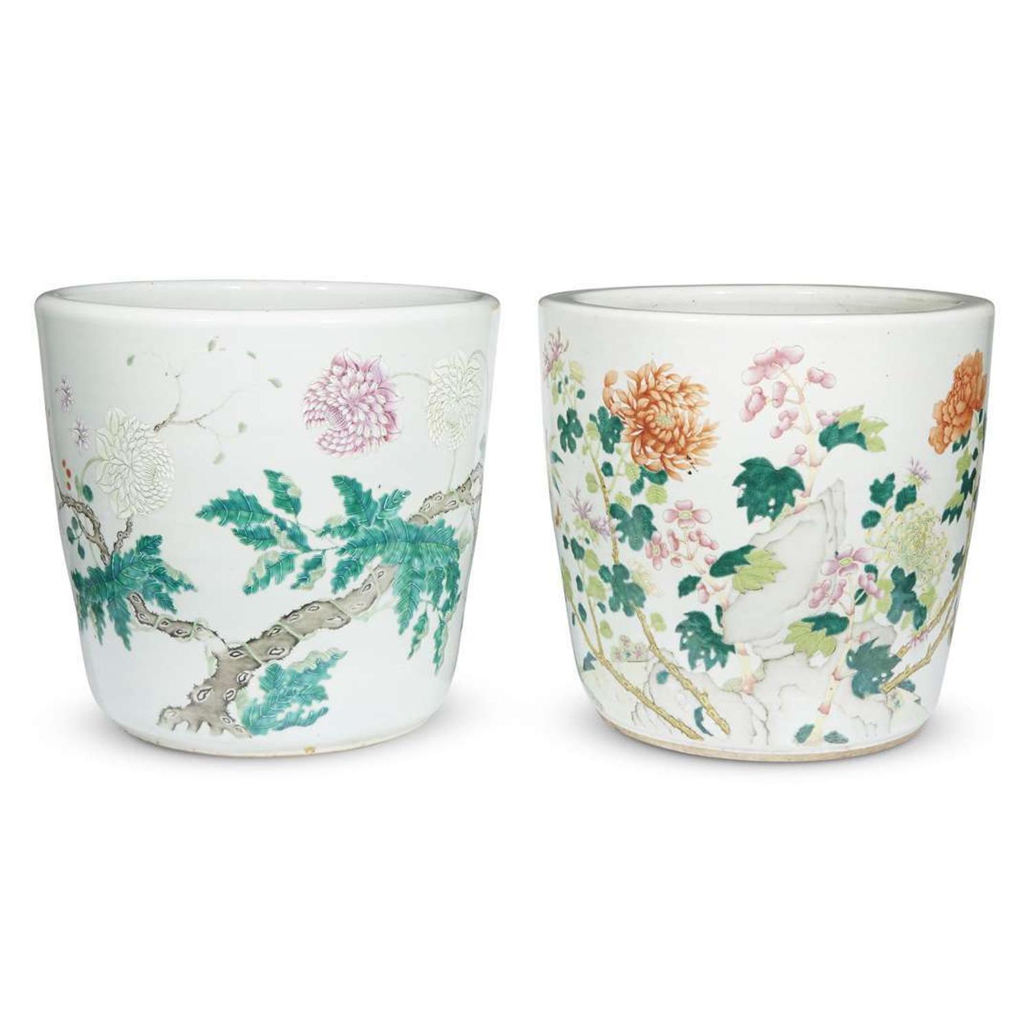An associated pair of Chinese polychrome-decorated tree pots 20th century
