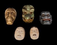 Five Miniature Japanese Ceramic Masks and One Porcelain Figural-Form Netsuke