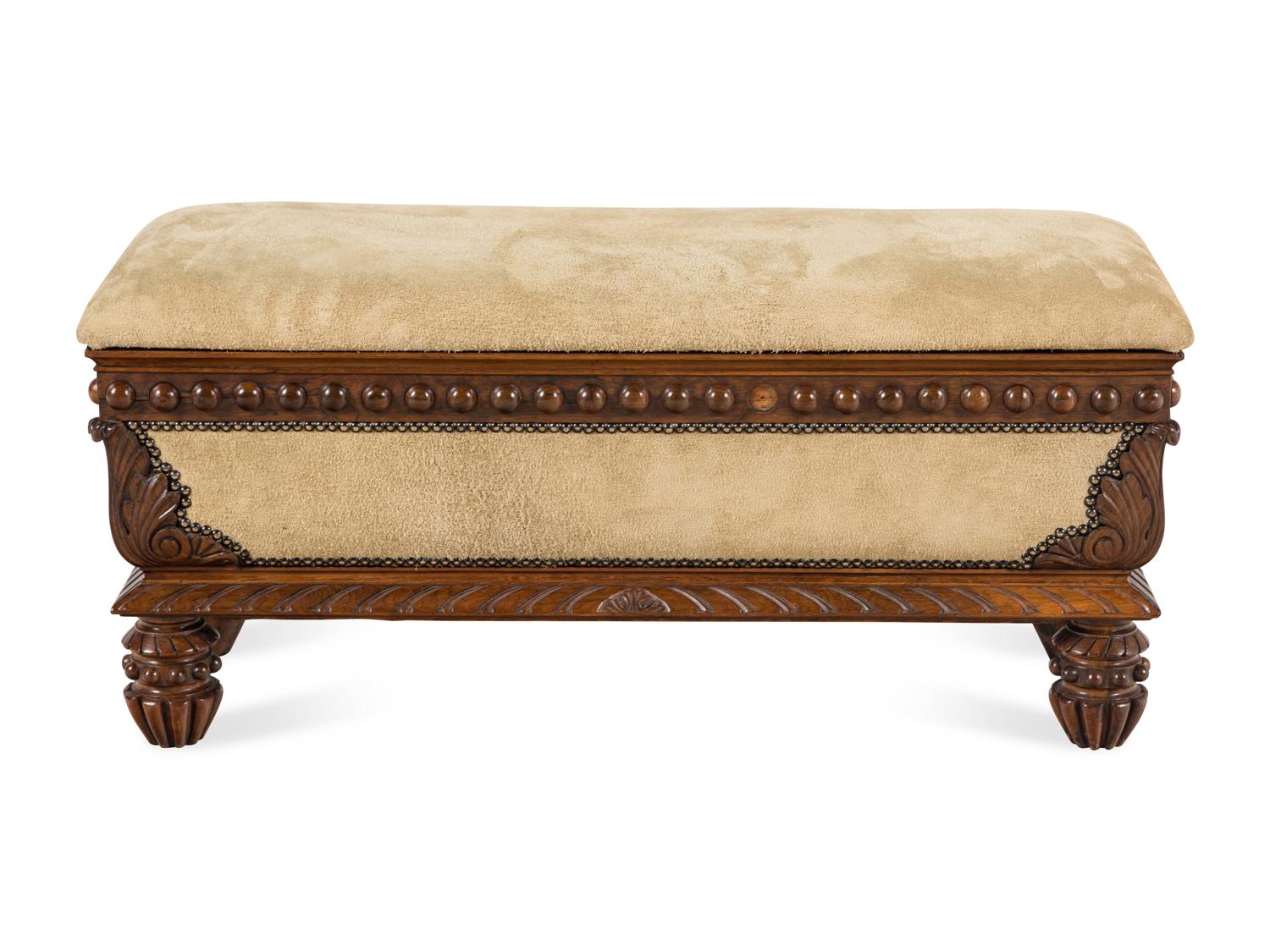 An English Suede Upholstered Rosewood Hall Bench