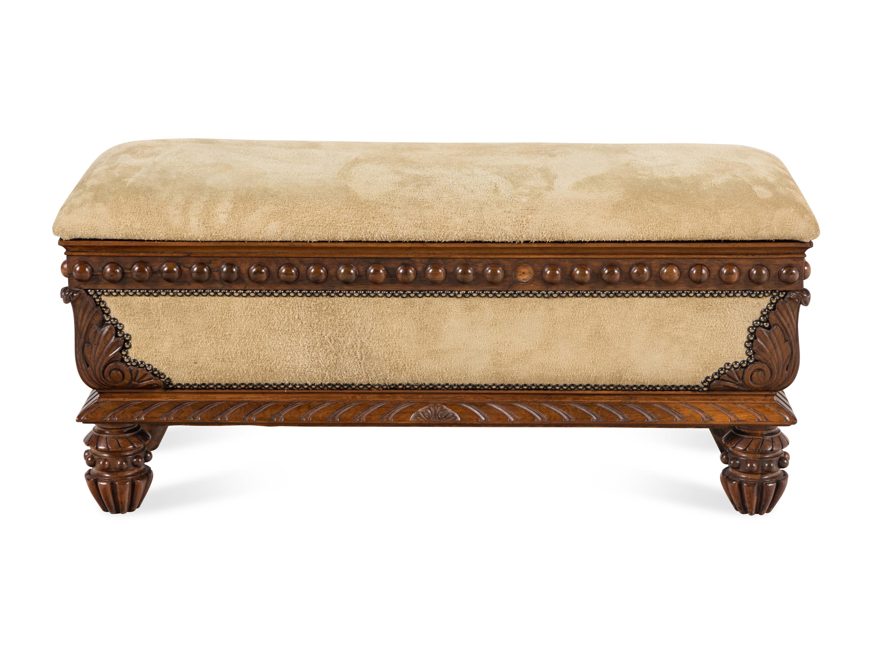 An English Suede Upholstered Rosewood Hall Bench