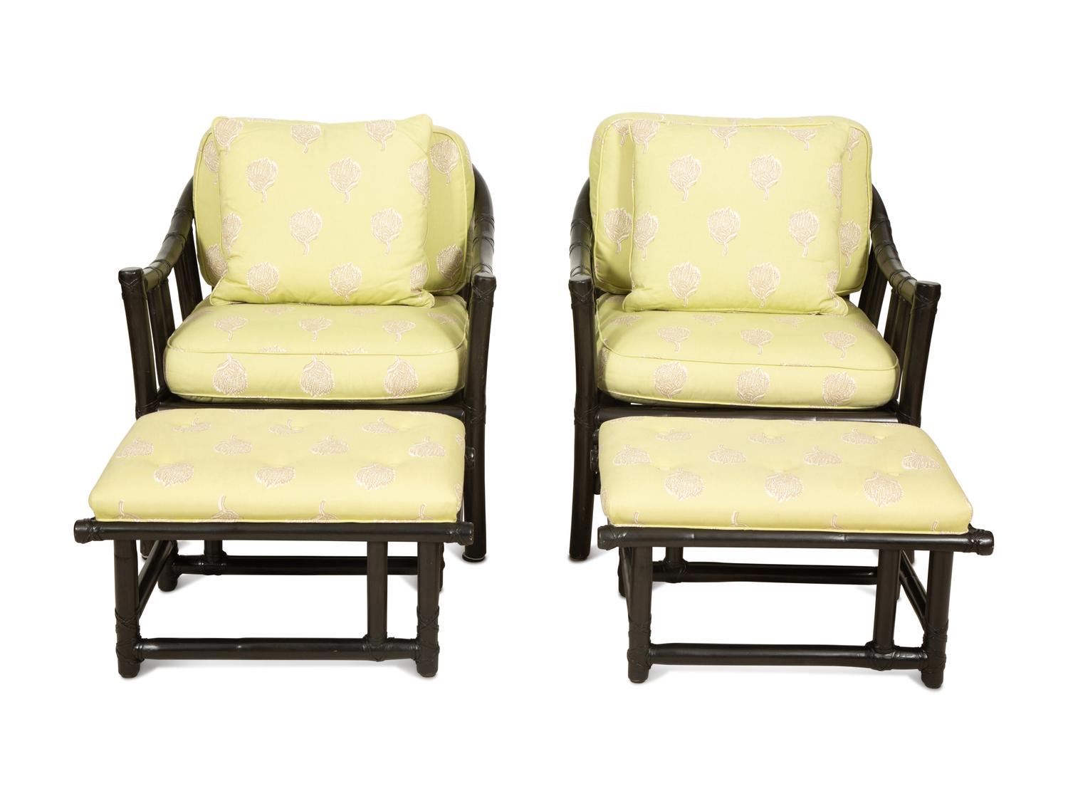 A McGuire Black Painted Rattan Six-Piece Furniture Suite