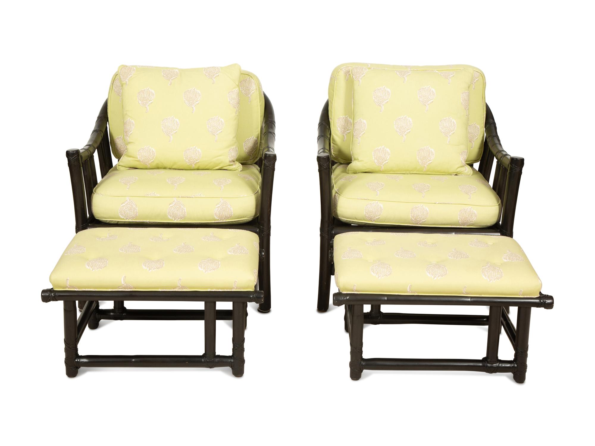 A McGuire Black Painted Rattan Six-Piece Furniture Suite