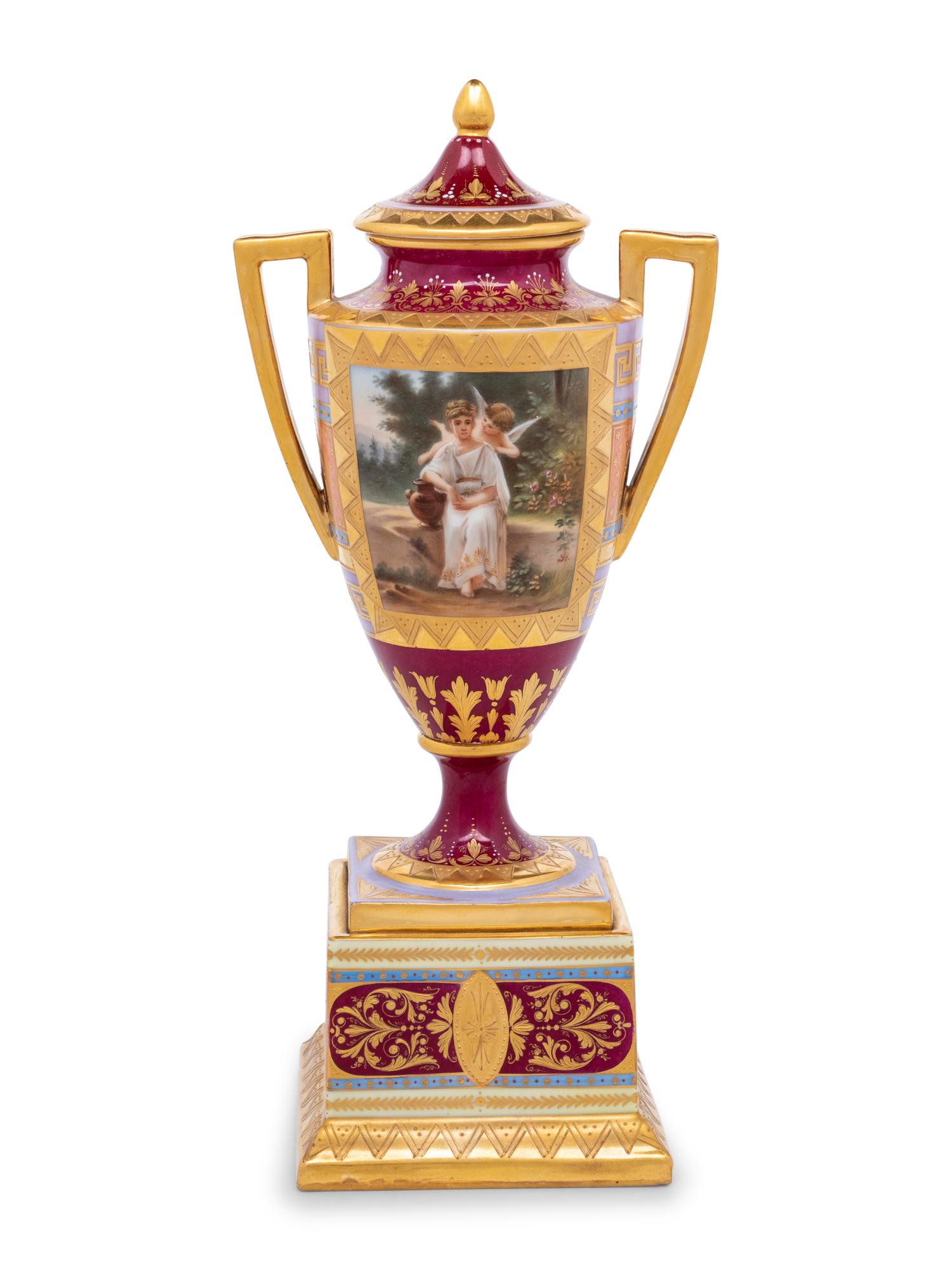 A Vienna Porcelain Urn, Cover and Stand