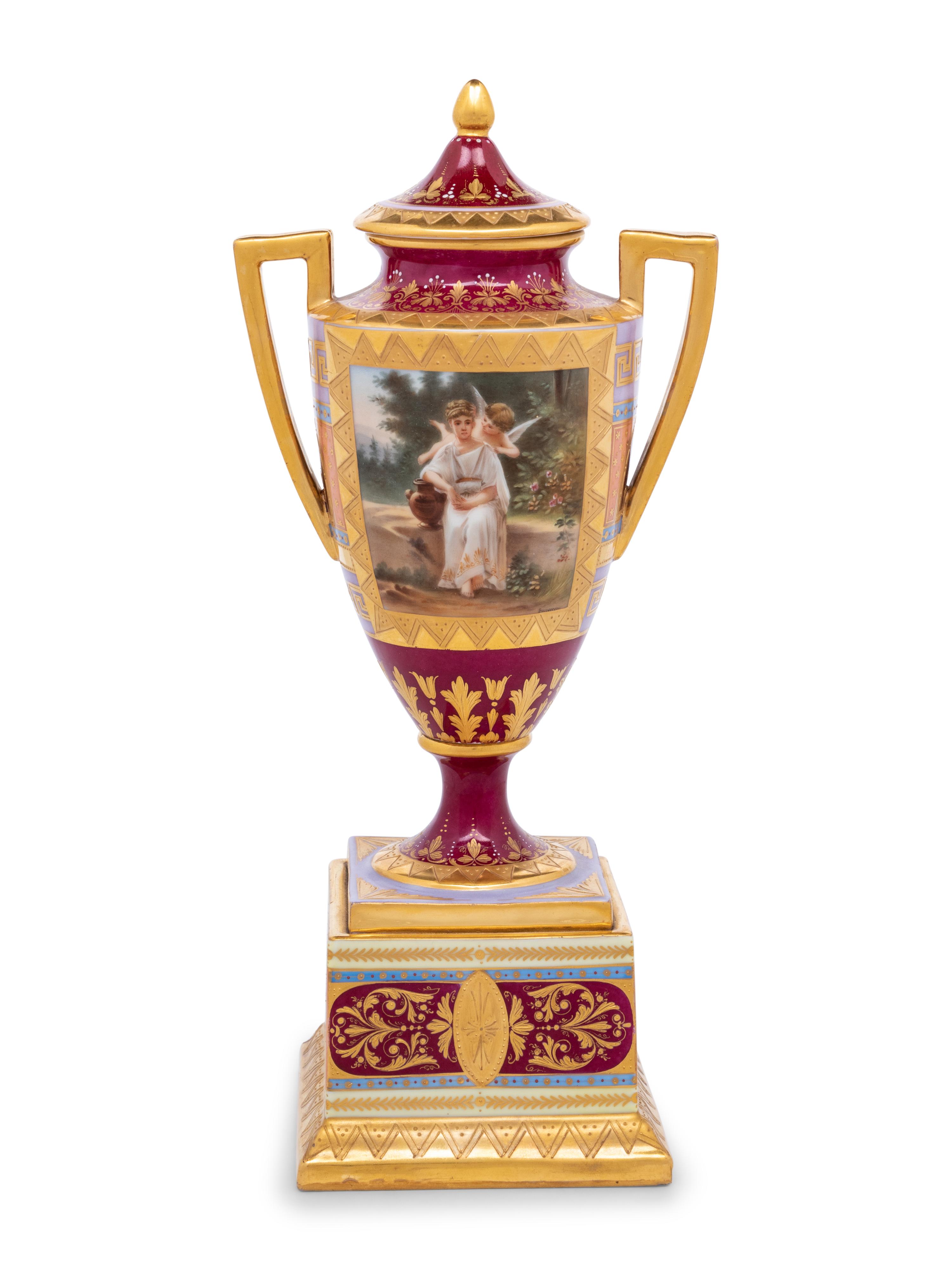 A Vienna Porcelain Urn, Cover and Stand