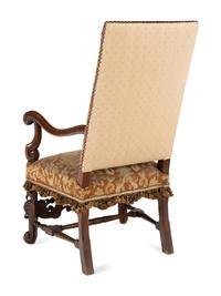 A William and Mary Style Carved Walnut Tapestry-Upholstered Armchair