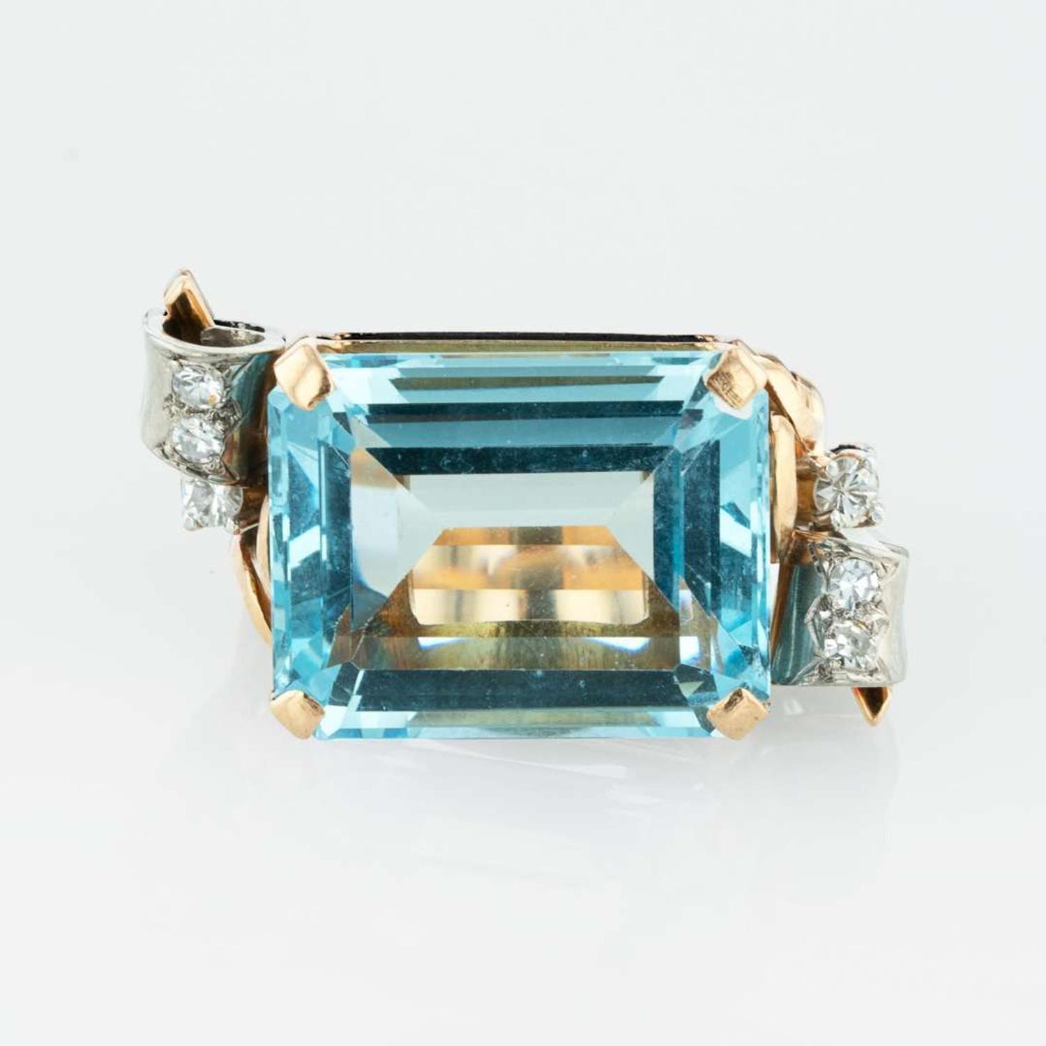 Retro Rose Gold, Diamond, and Aquamarine Ring