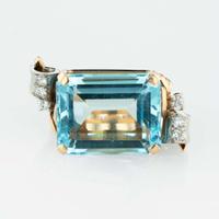 Retro Rose Gold, Diamond, and Aquamarine Ring