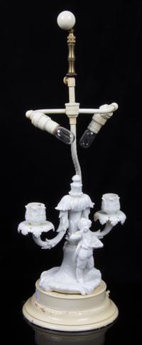 A Continental Blanc de Chine Figural Two Light Candelabra Overall height of taller 22 1/2 inches. — 19TH/20TH CENTURY