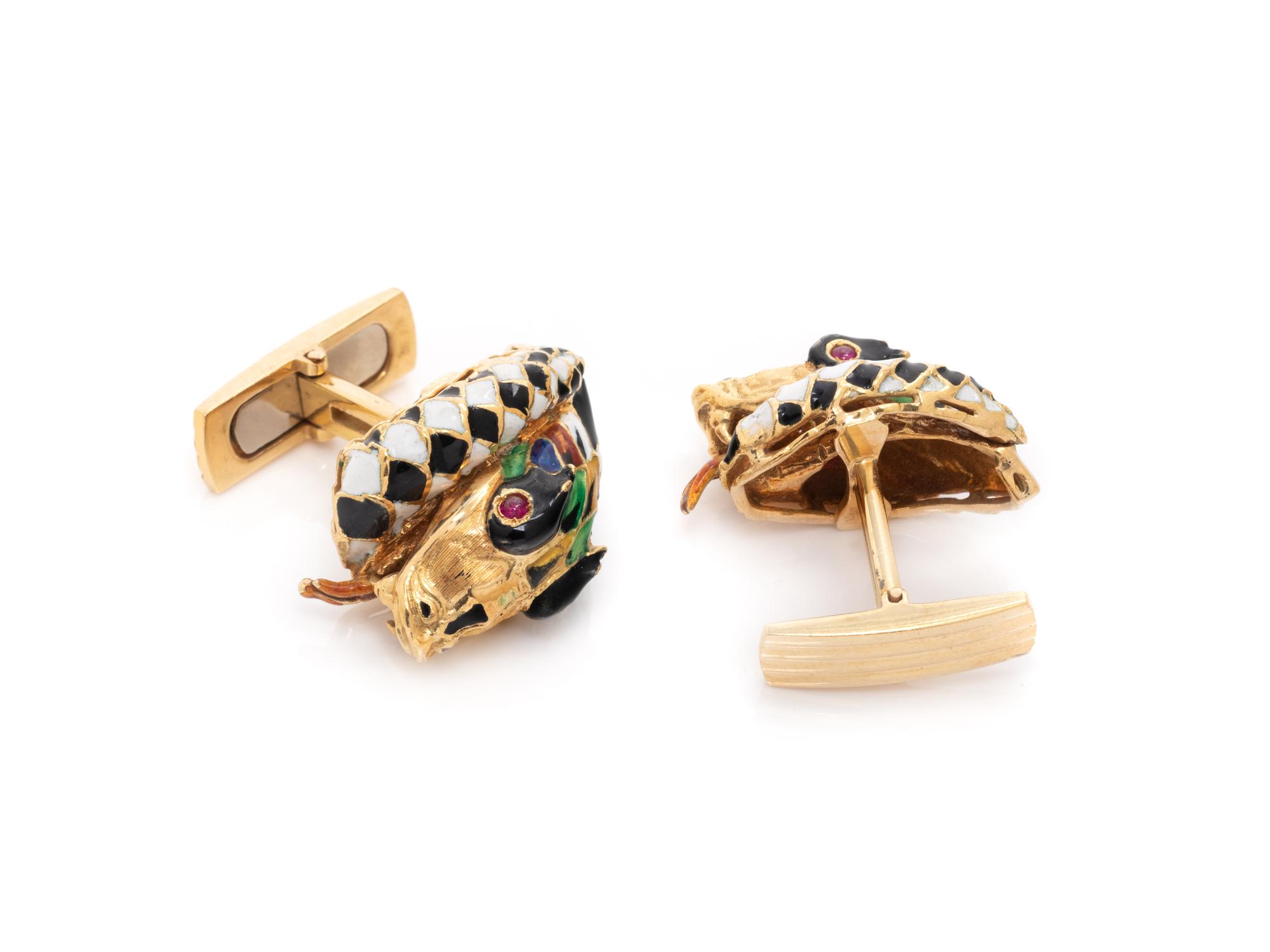 YELLOW GOLD AND POLYCHROME ENAMEL SNAKE CUFFLINKS