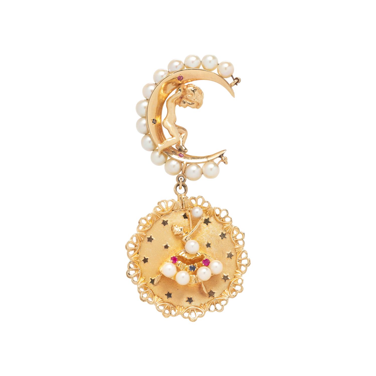 YELLOW GOLD, CULTURED PEARL, GEMSTONE BROOCH