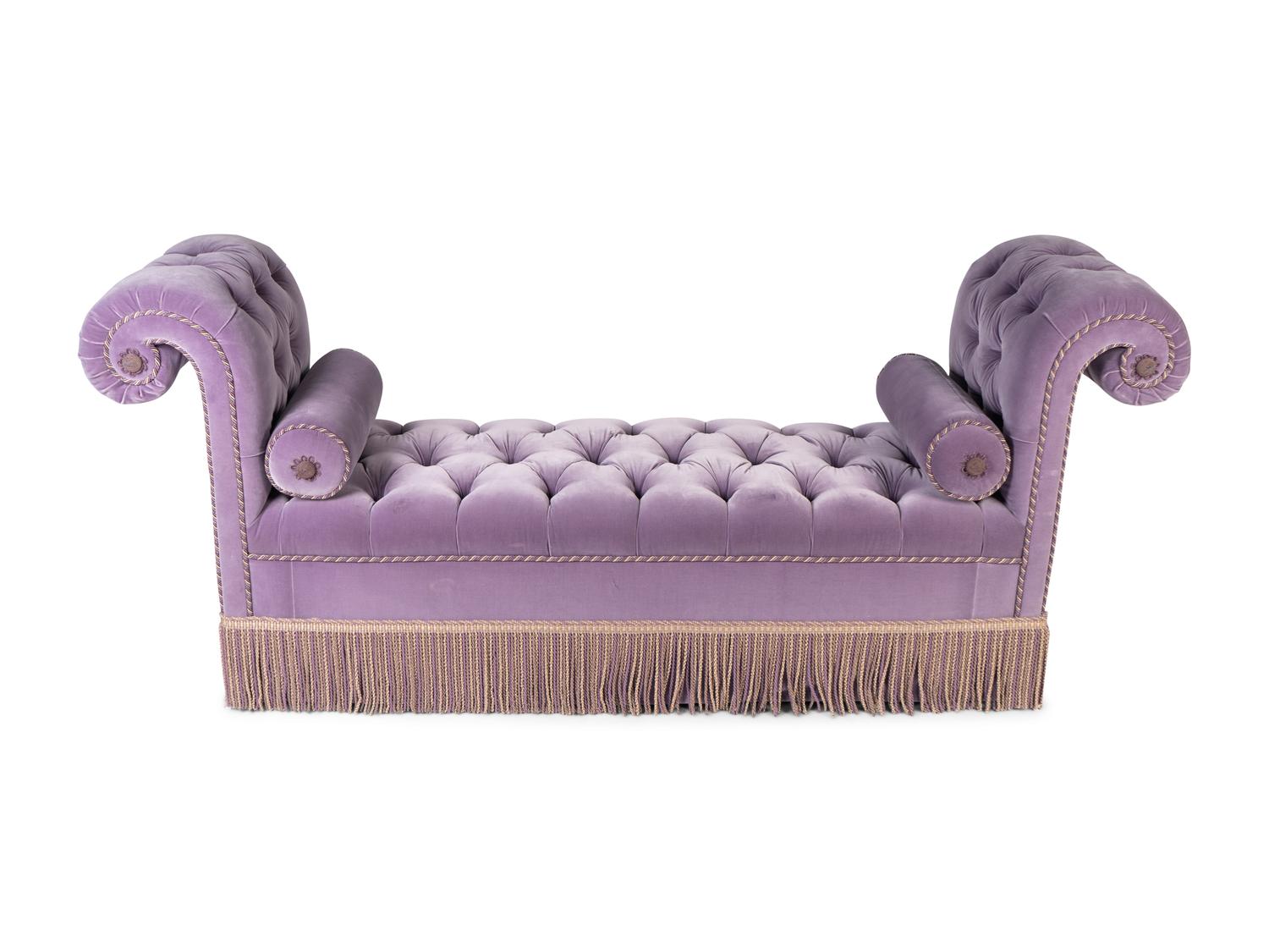 A Victorian Style Button-Tufted Velvet Upholstered Bench — 20TH CENTURY