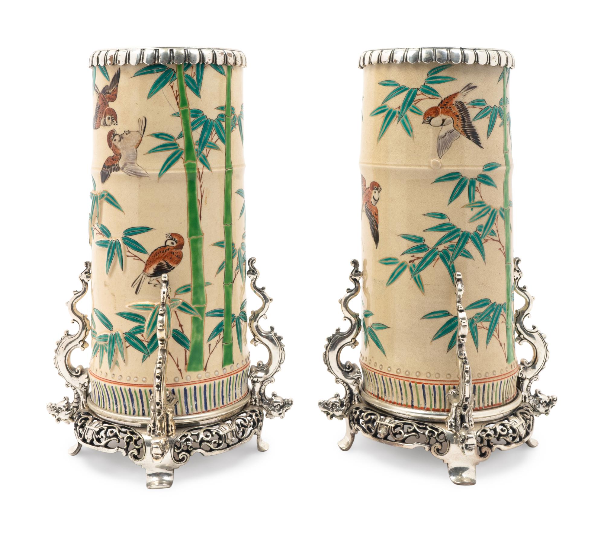 A Pair of Japonisme Silvered-Metal-Mounted Earthenware Vases — CIRCA 1880