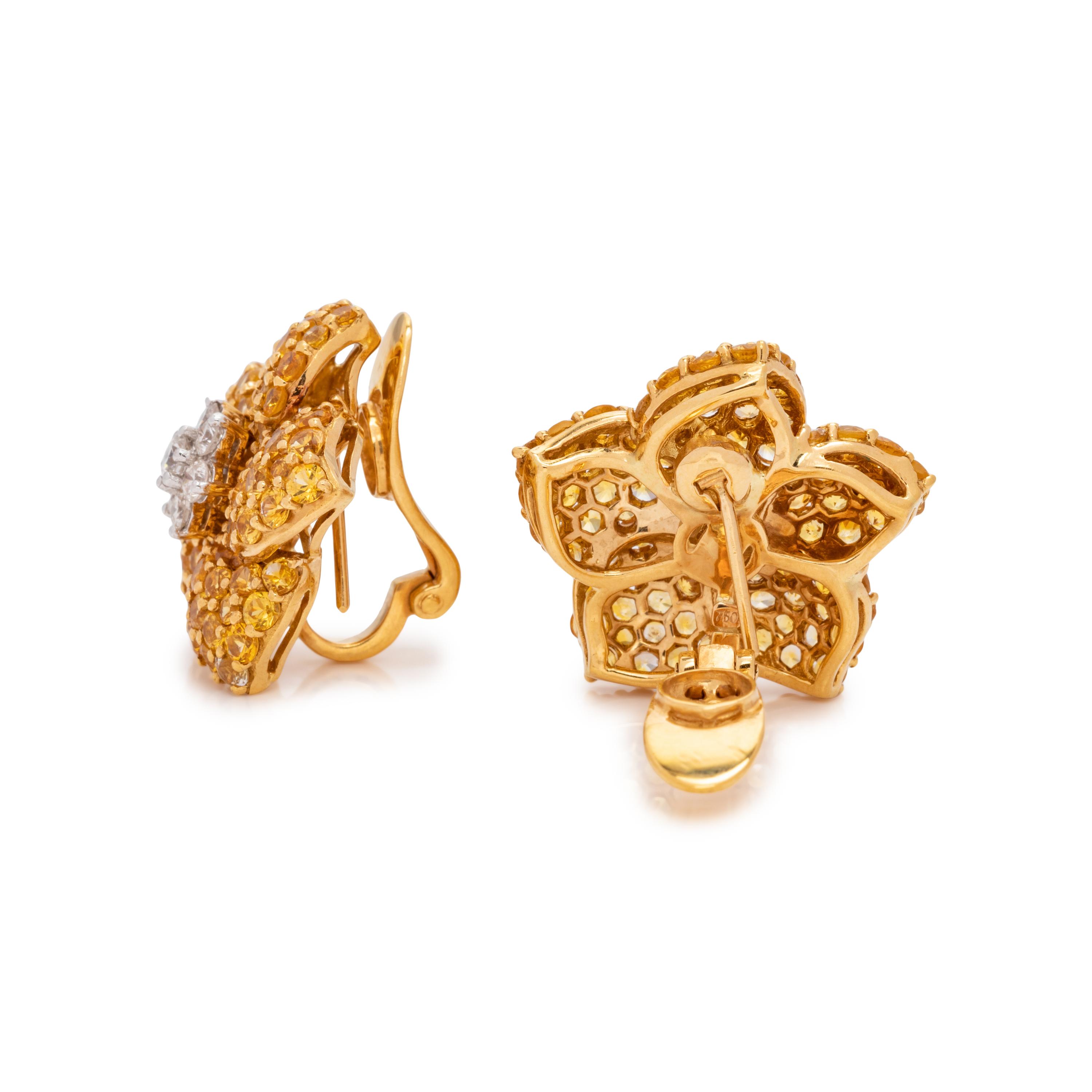 DIAMOND AND YELLOW SAPPHIRE FLOWER EARCLIPS