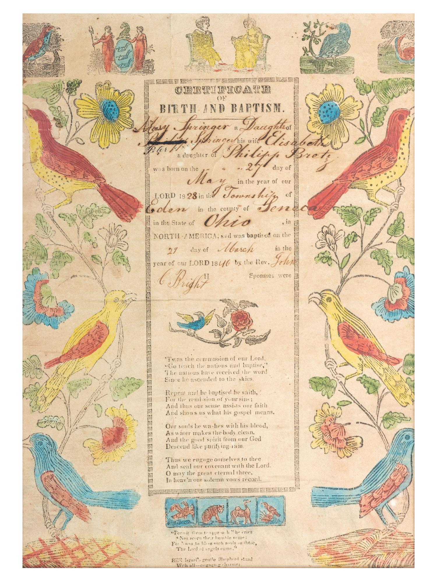 A Birth and Baptism Partially Printed and Watercolor Decorated Fraktur