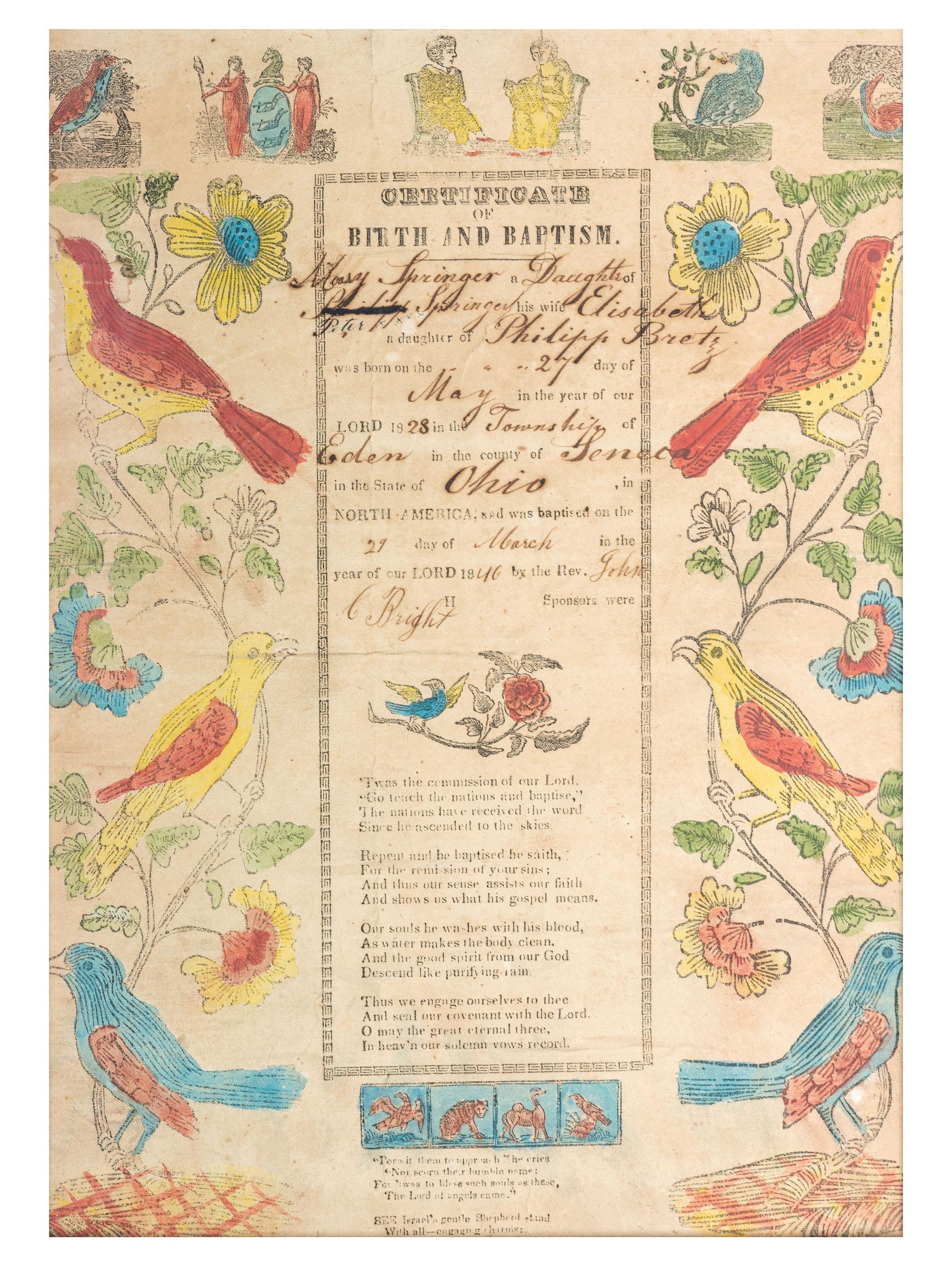 A Birth and Baptism Partially Printed and Watercolor Decorated Fraktur