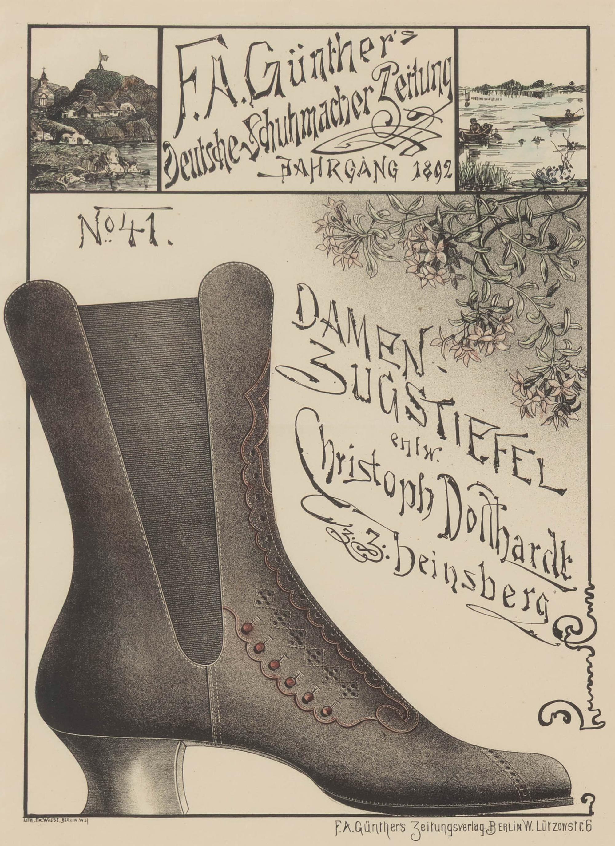A Set of Four German Giltwood-Framed Shoe Advertisements
