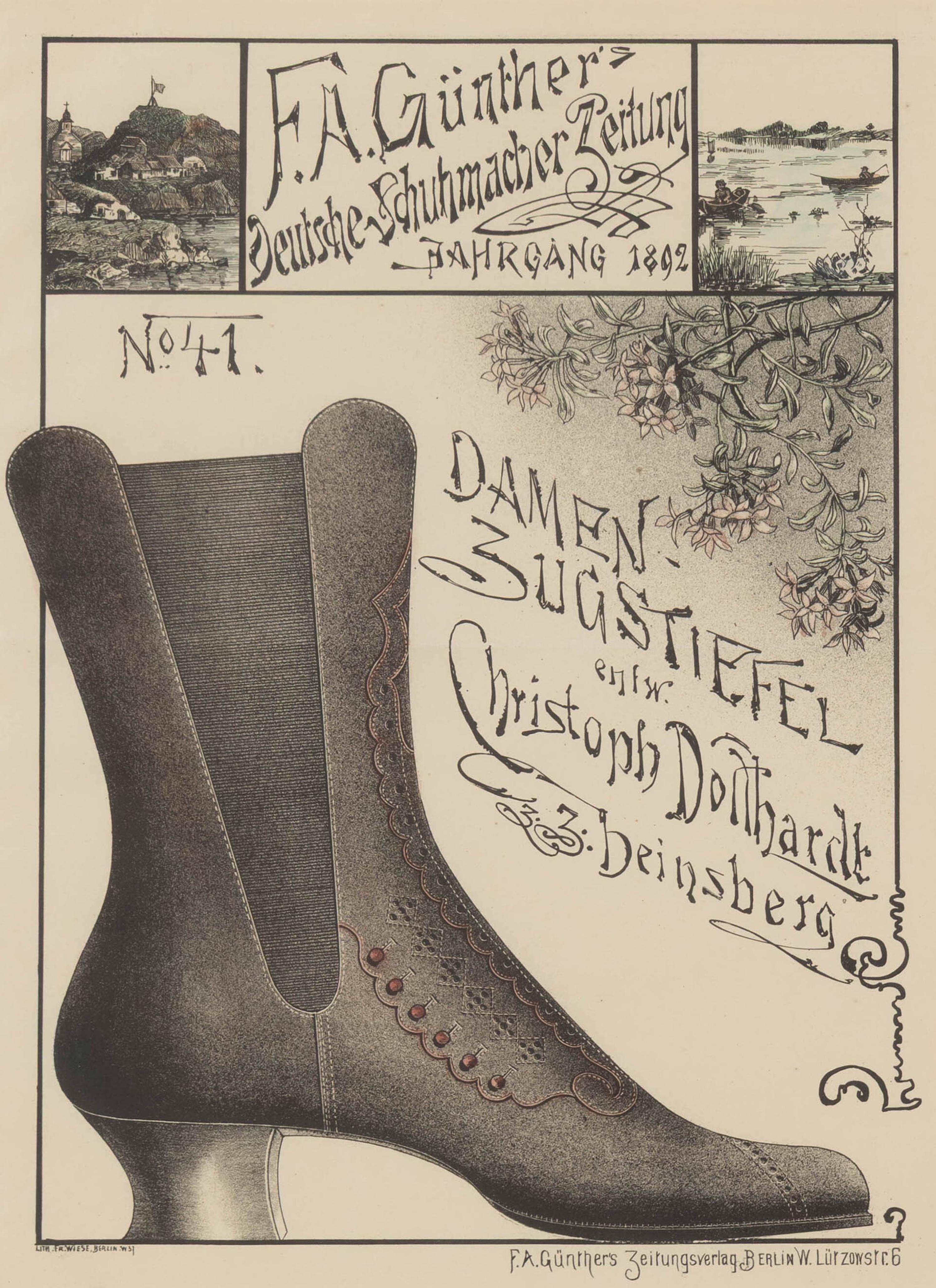 A Set of Four German Giltwood-Framed Shoe Advertisements
