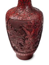 A Pair of Large Chinese Carved Red Lacquer Vases