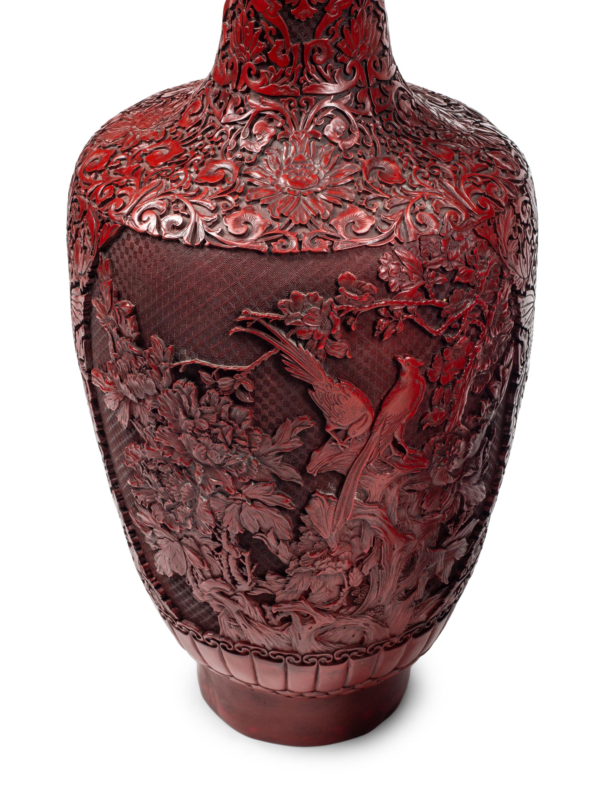 A Pair of Large Chinese Carved Red Lacquer Vases