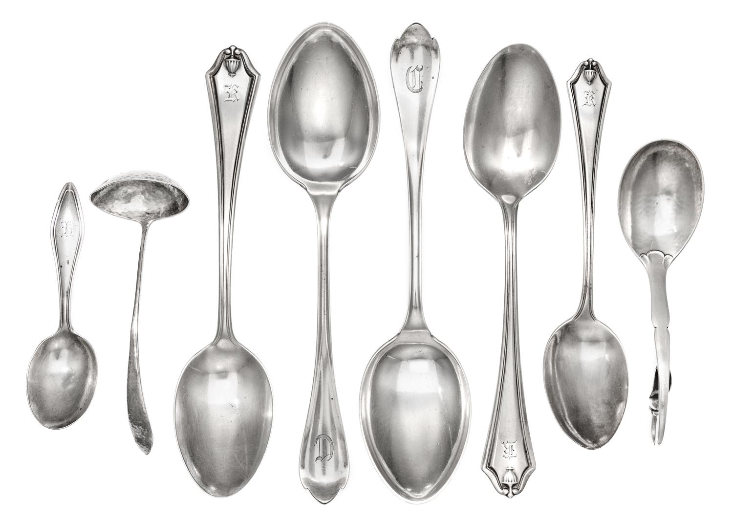 A Group Silver Flatware Articles, various makers, comprising a Danish silver pattern 21 sugar scoop marked for Georg Jensen Silversmith