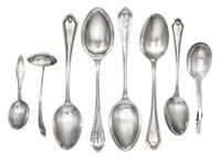 A Group Silver Flatware Articles, various makers, comprising a Danish silver pattern 21 sugar scoop marked for Georg Jensen Silversmith
